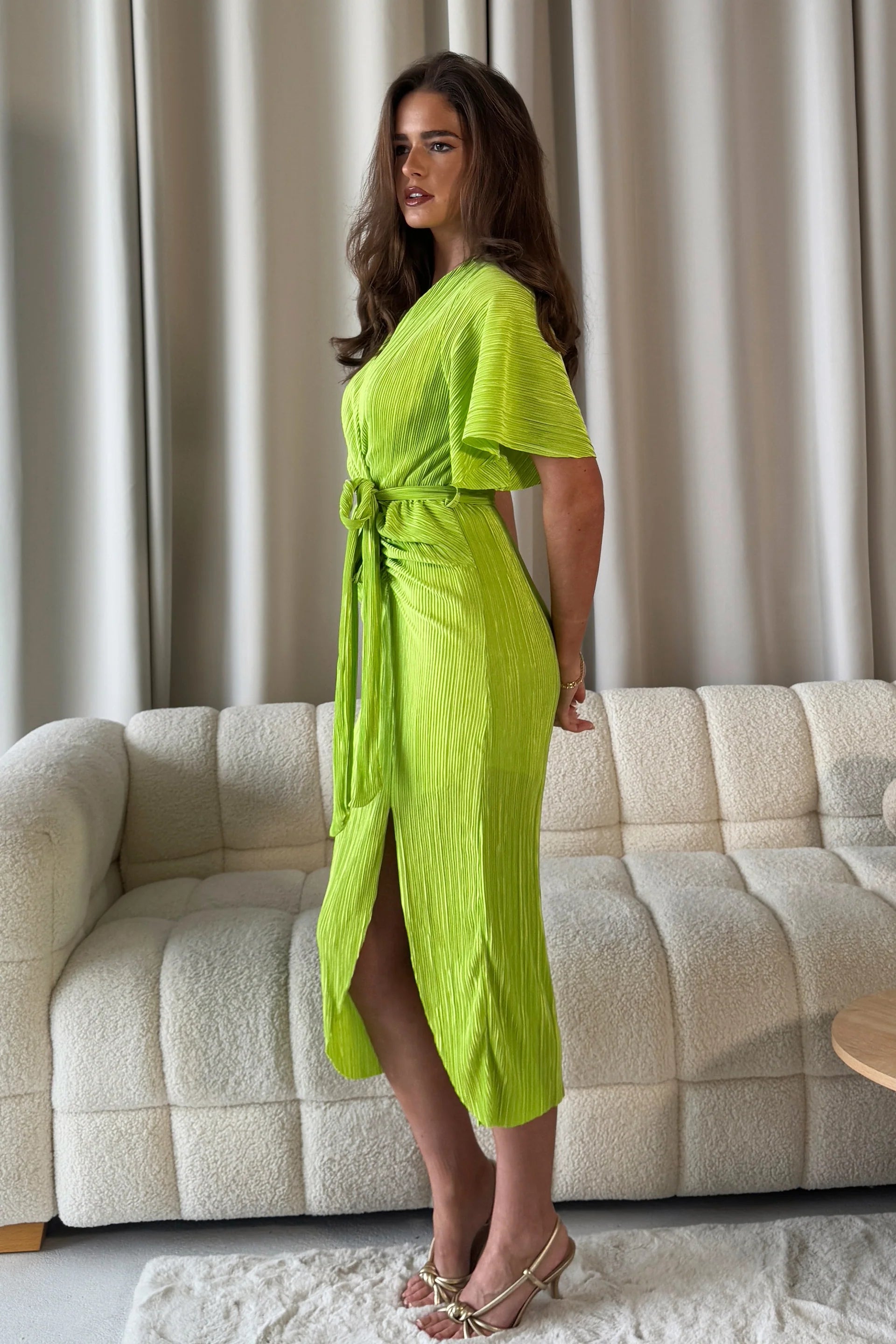Tabby Lime Ruched Midi Dress (Lime)