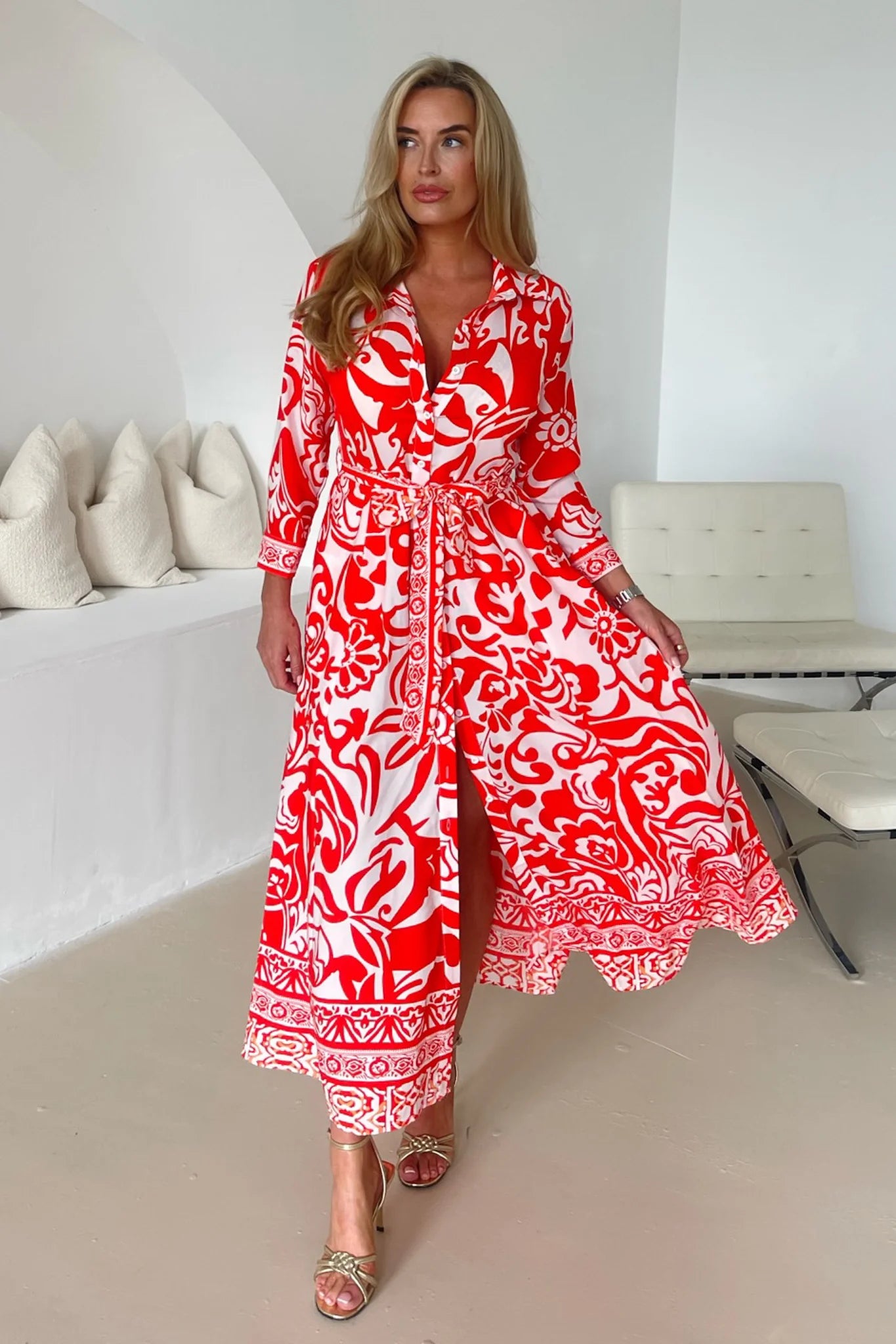 Angela Shirt Maxi Dress (Red Print)
