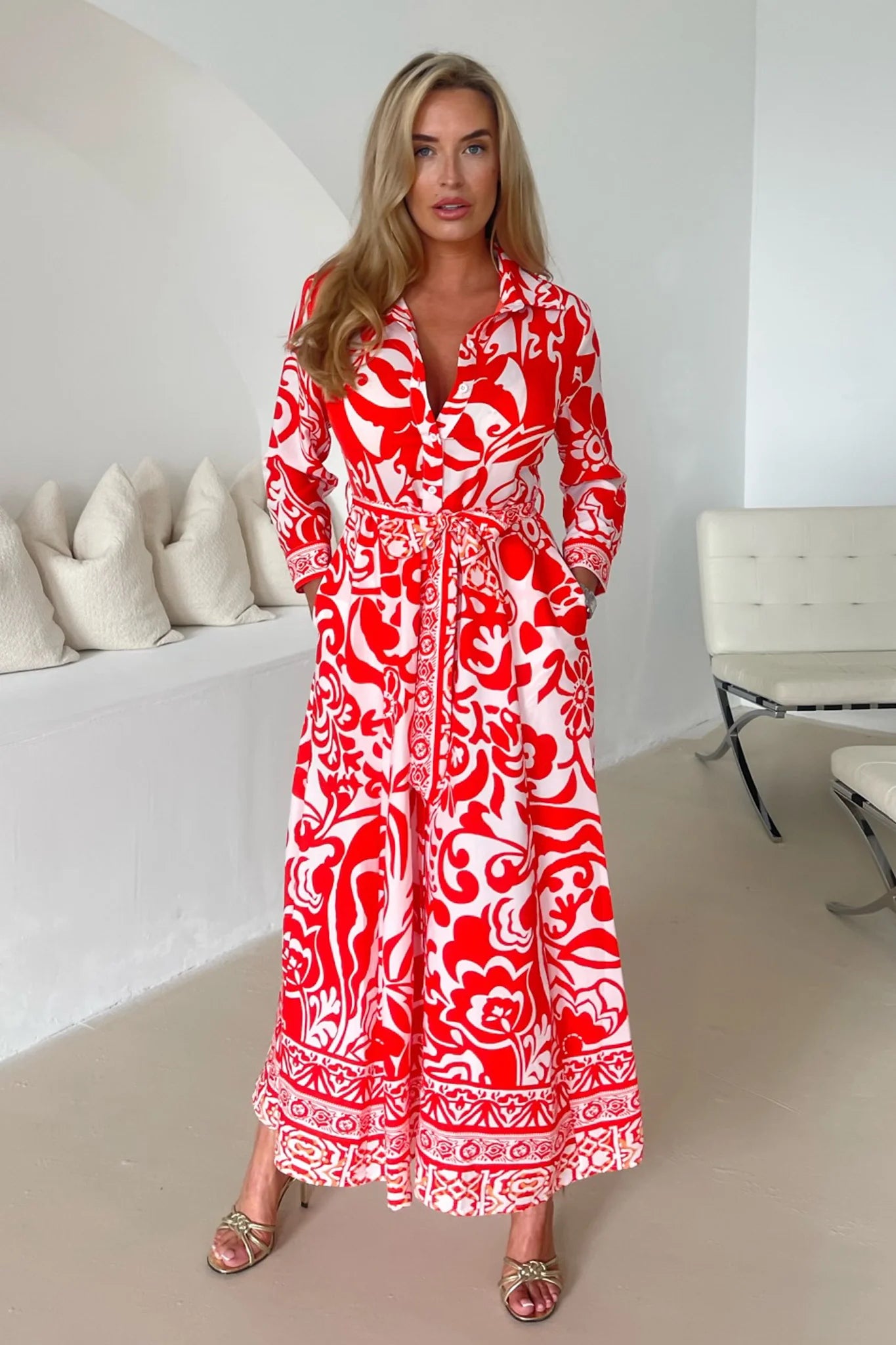 Angela Print Shirt Maxi Dress (Red ) | Love Cherish