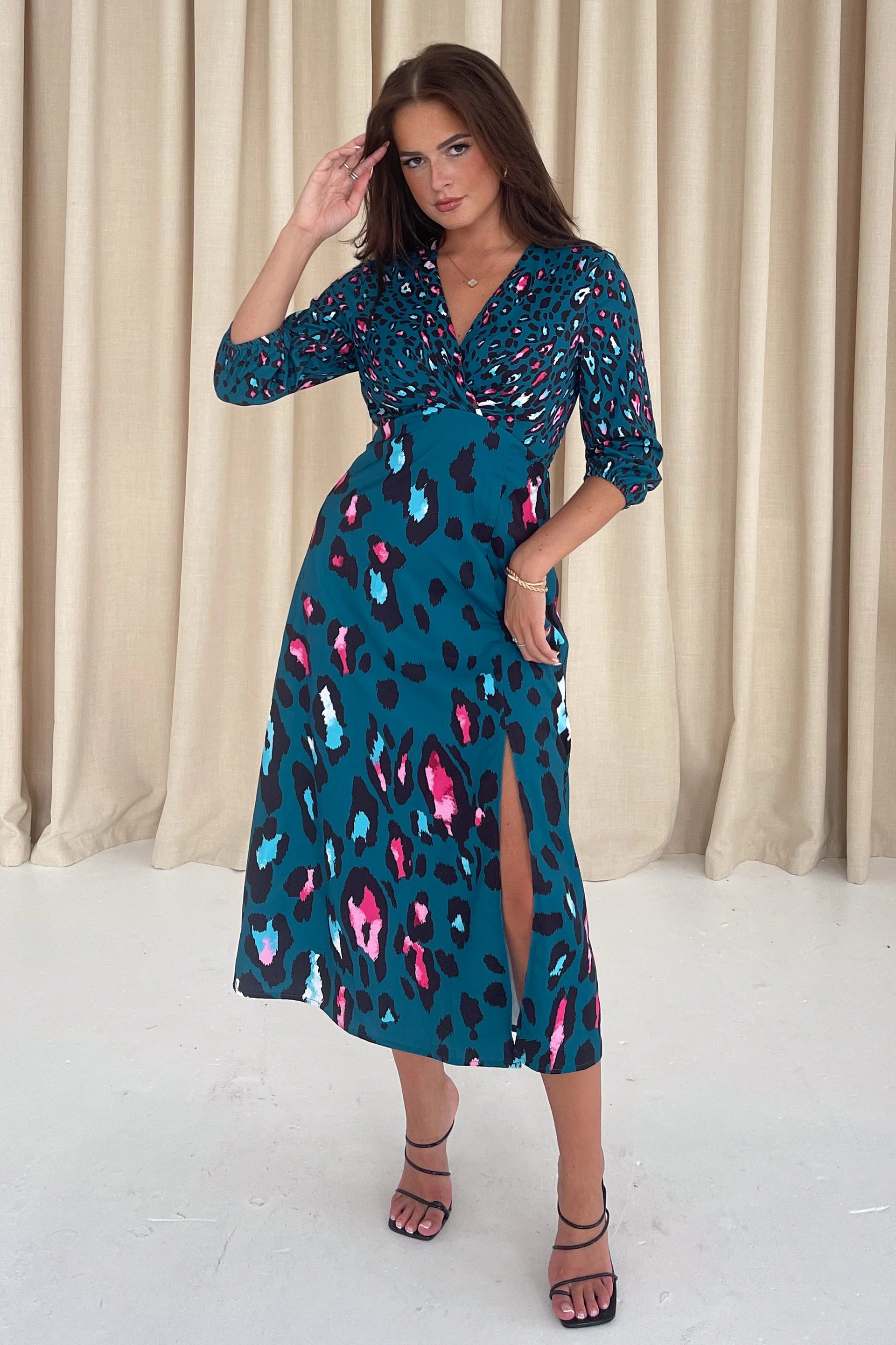 Lydia Midi Dress (Mixed Green Animal)