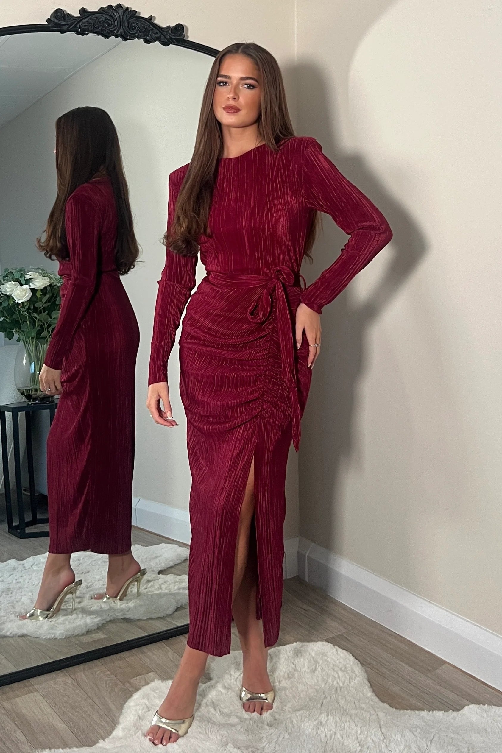 Elena Long Sleeve Ruched Seamed Midi Dress (Wine) | Love Cherish | Dress Elena Long Sleeve Ruched Seamed Midi Dress (Wine) | Love Cherish | Dress
