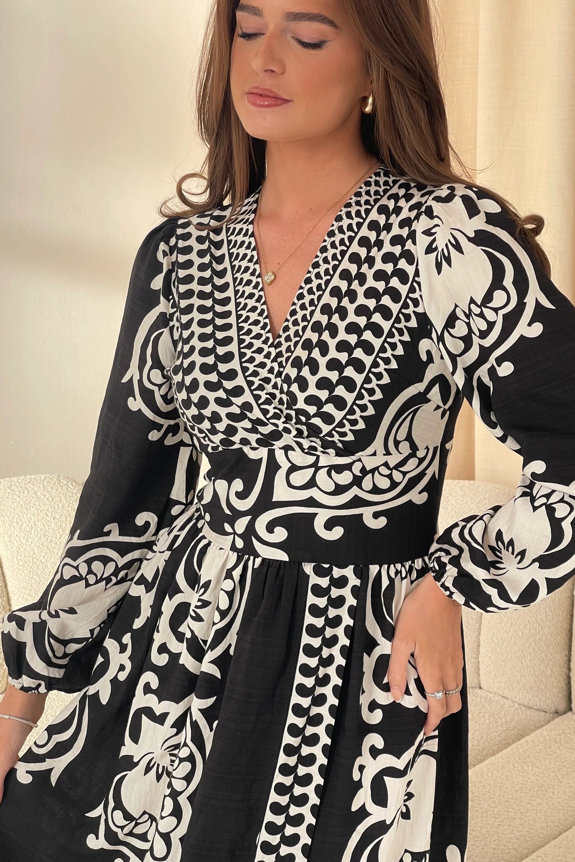 Juno Border Print Long Sleeve Maxi Dress (Black)