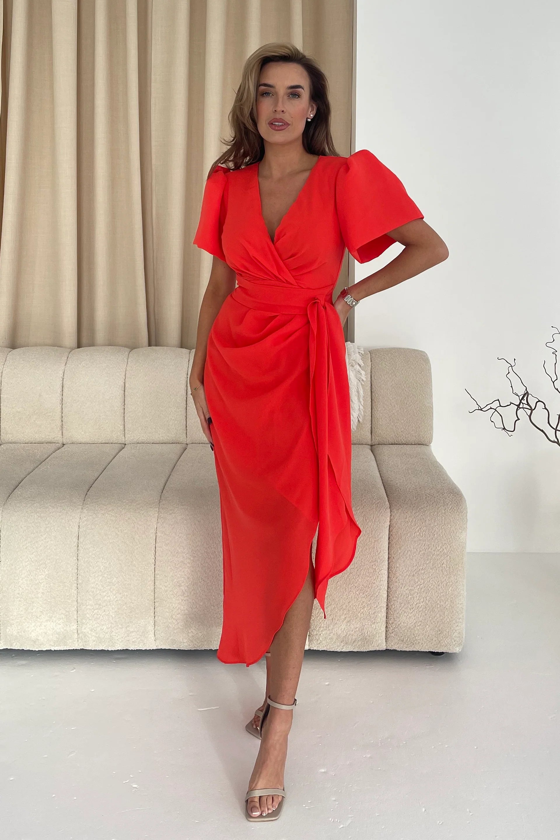 Drew Puff Sleeve Midi Dress (Orange)