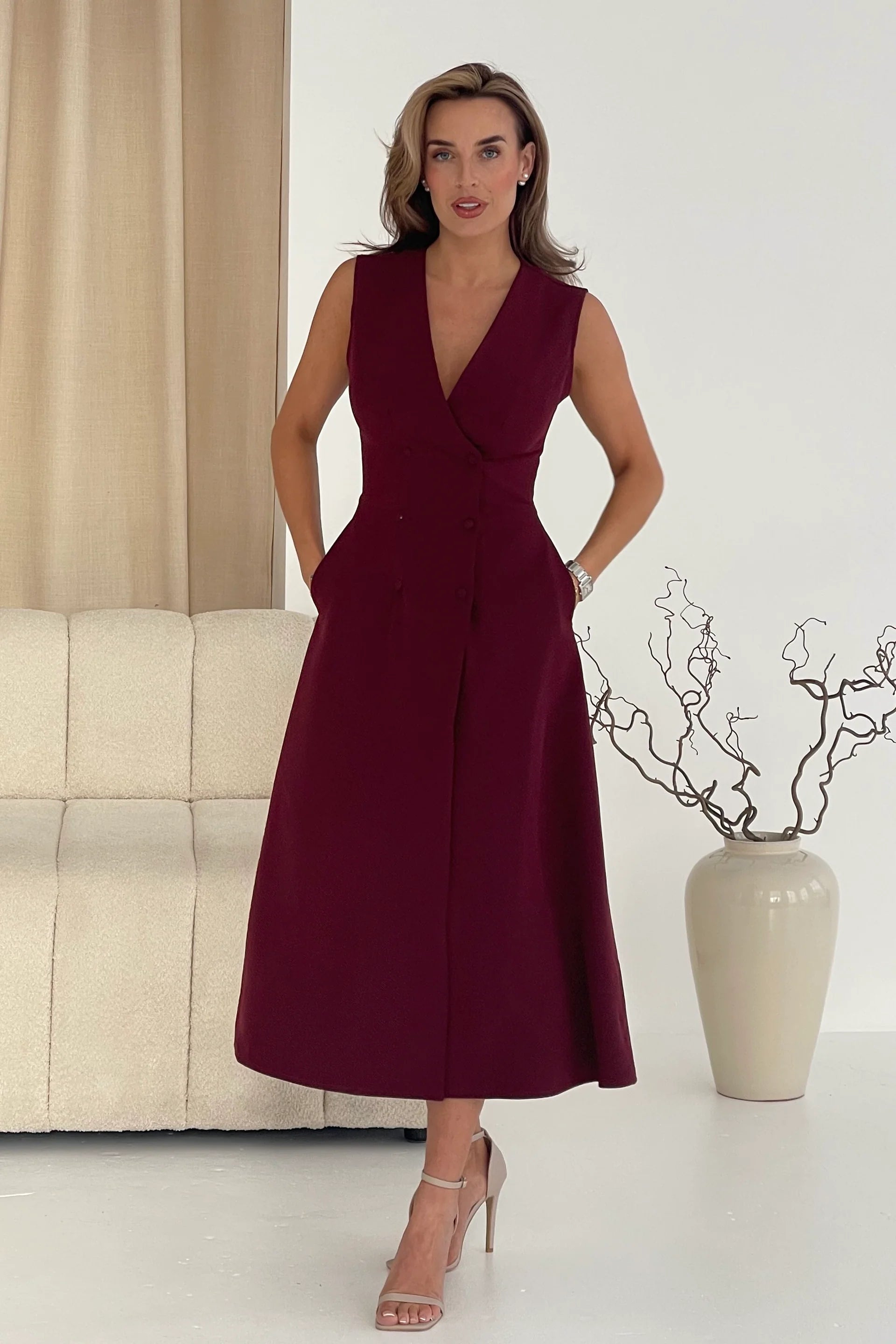 Hazel Tailored Sleeveless Midi Dress (Wine) Love Cherish Dress