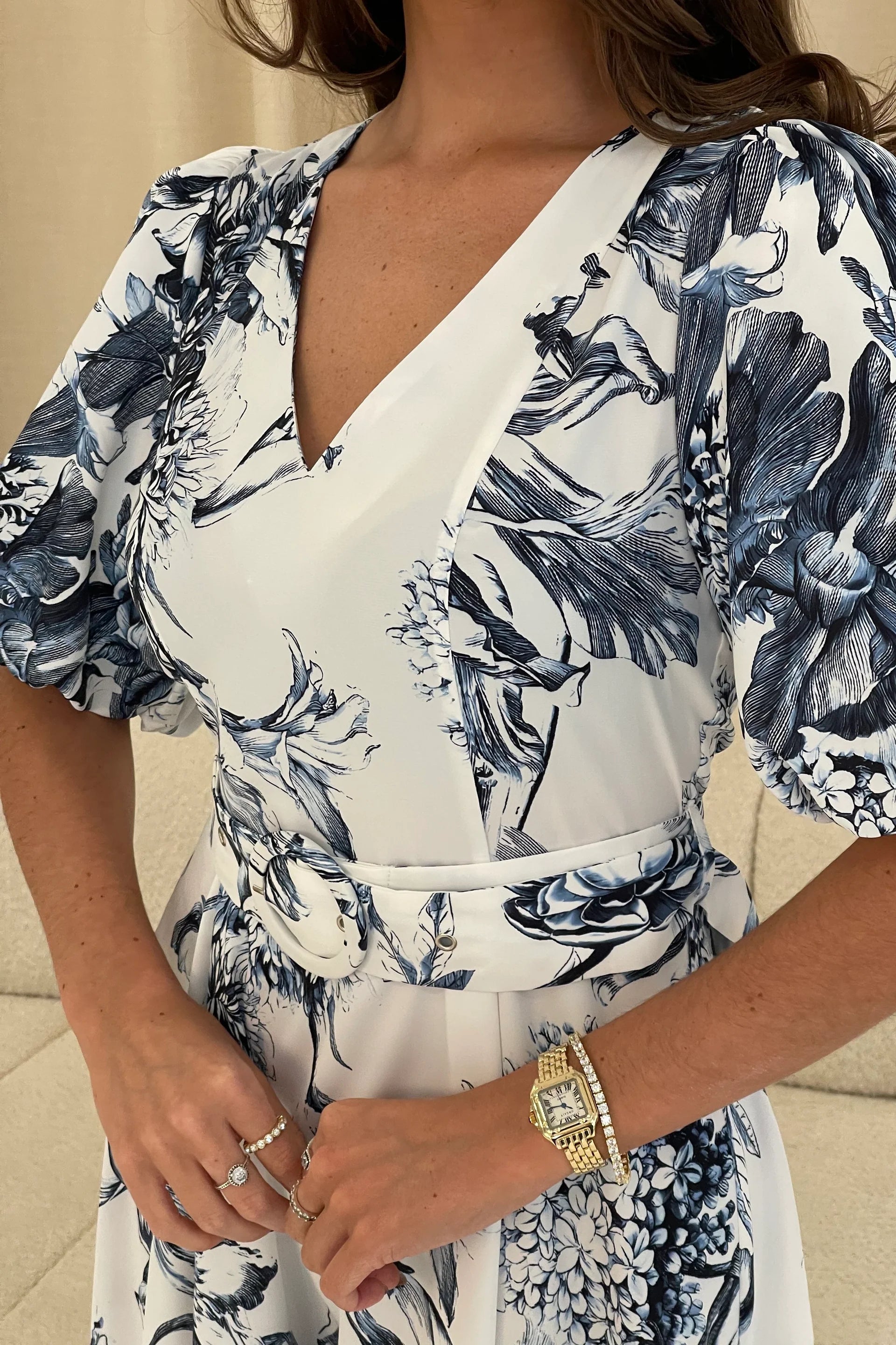 Bryn Puff Sleeve Midi Dress (Blue Floral)