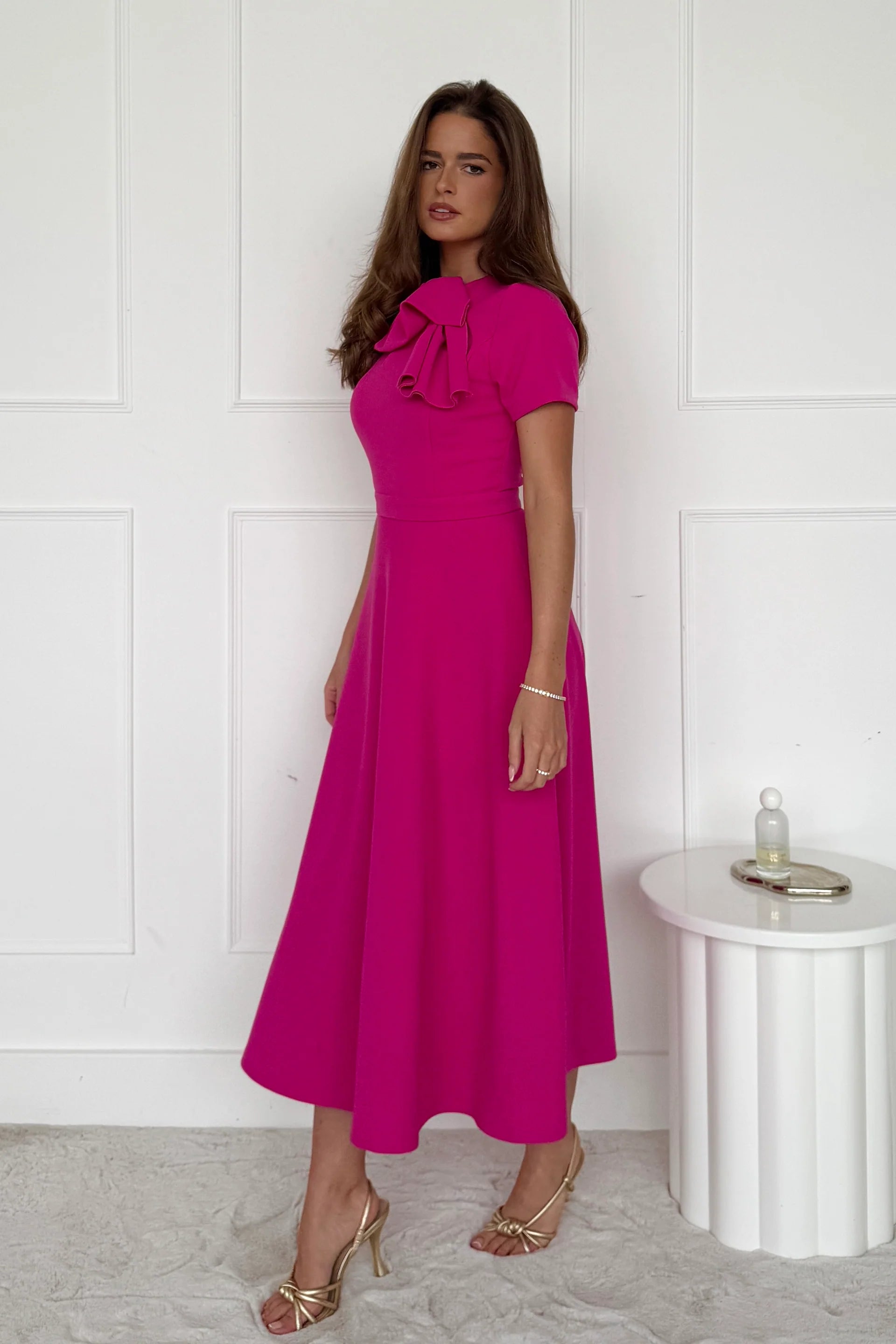 Minta Bow Detail Midi Dress (Pink)