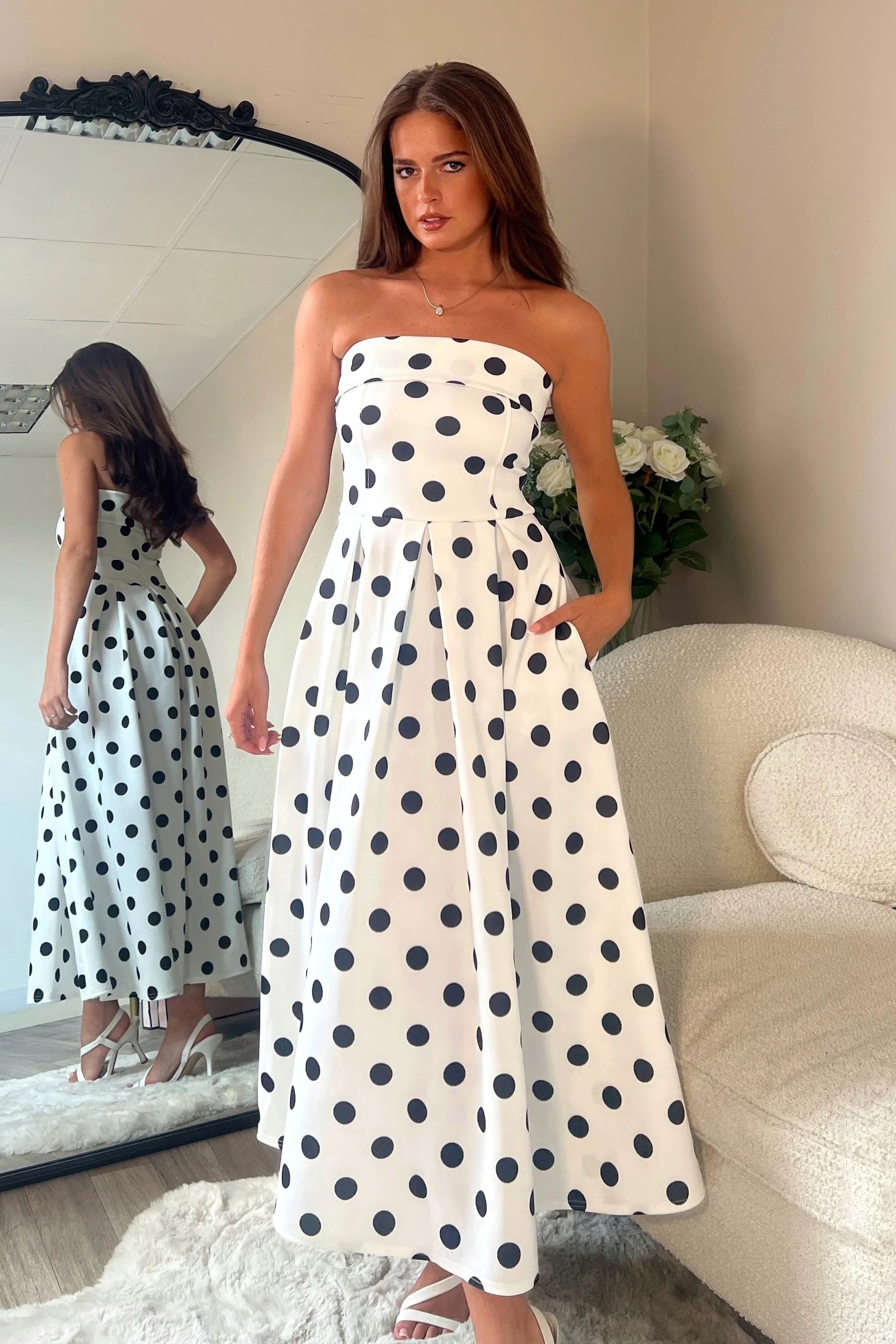 Danni Strapless Bandeau Midi Dress (Spot Print)