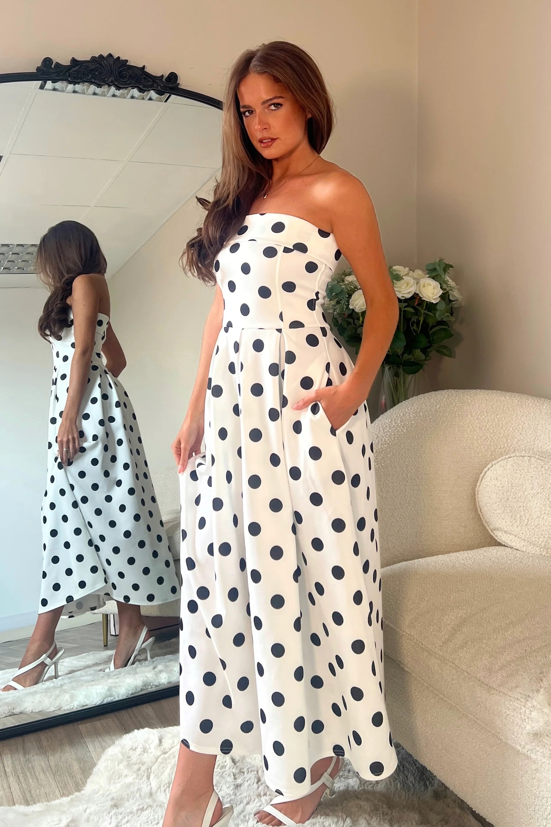 Danni Strapless Bandeau Midi Dress (Spot Print)