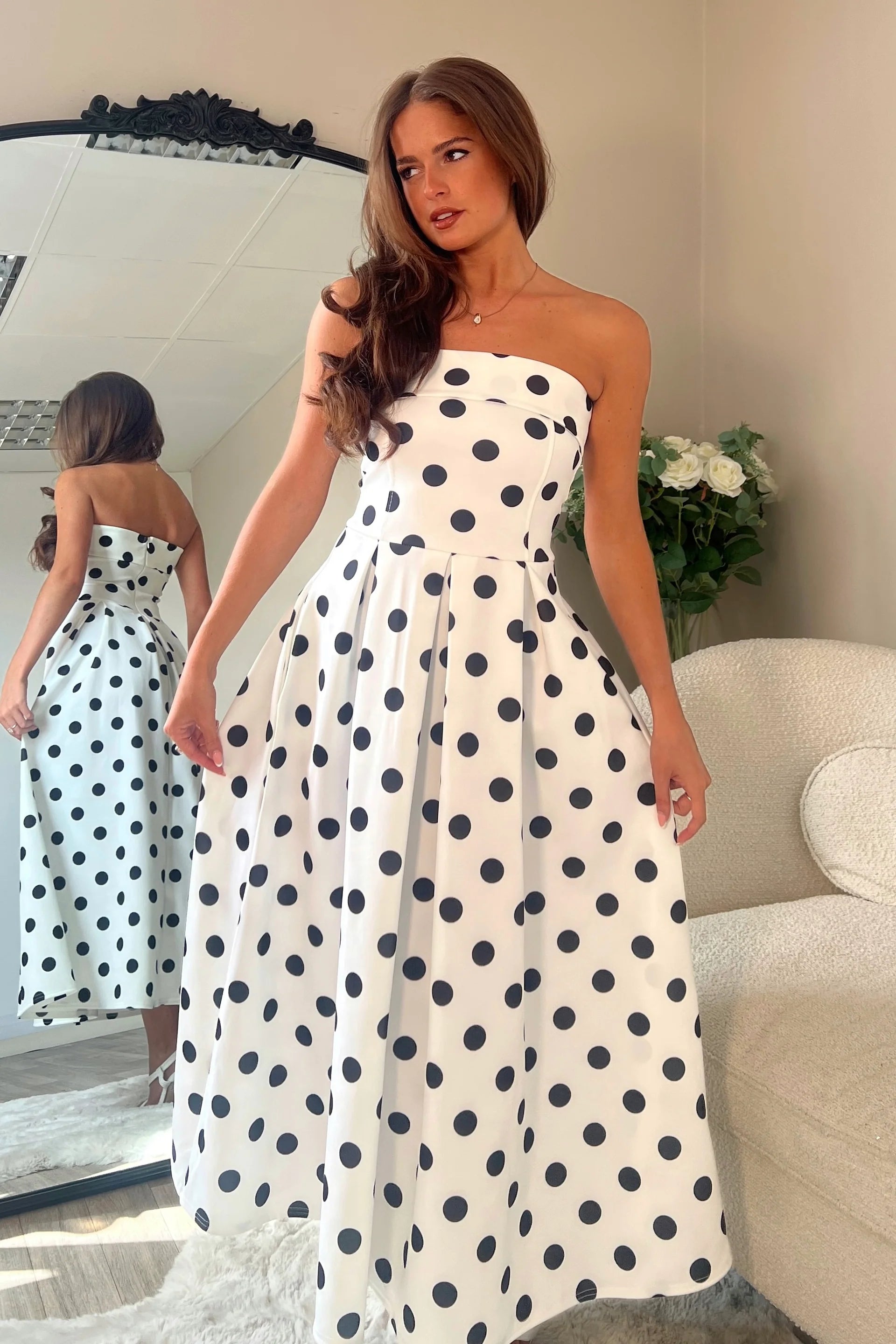 Danni Strapless Bandeau Midi Dress (Spot Print)