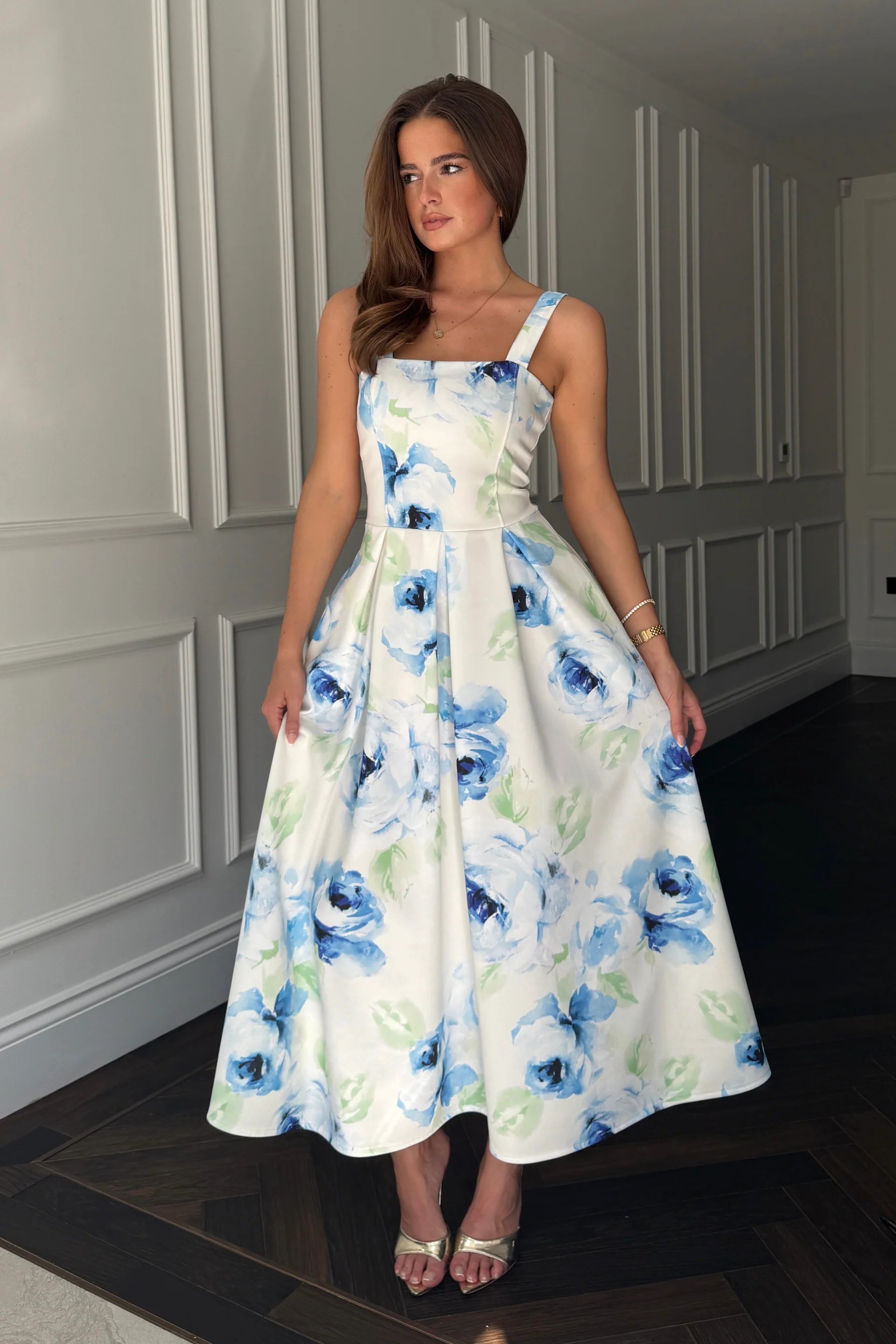 Heather Floral Pleated Skirt Dress (Blue)