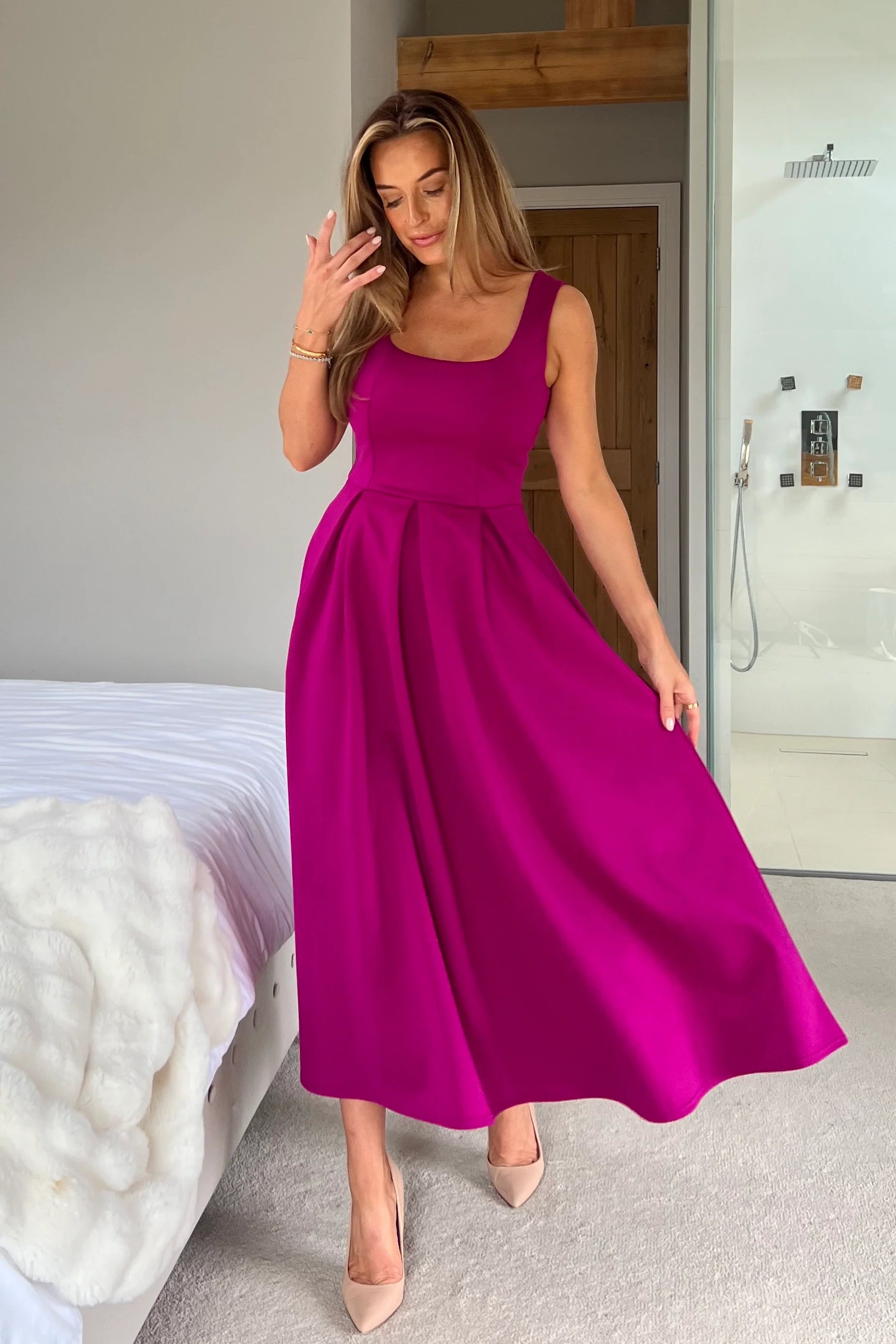 Erica Square Neck Pleated Midi Dress (Fuchsia)
