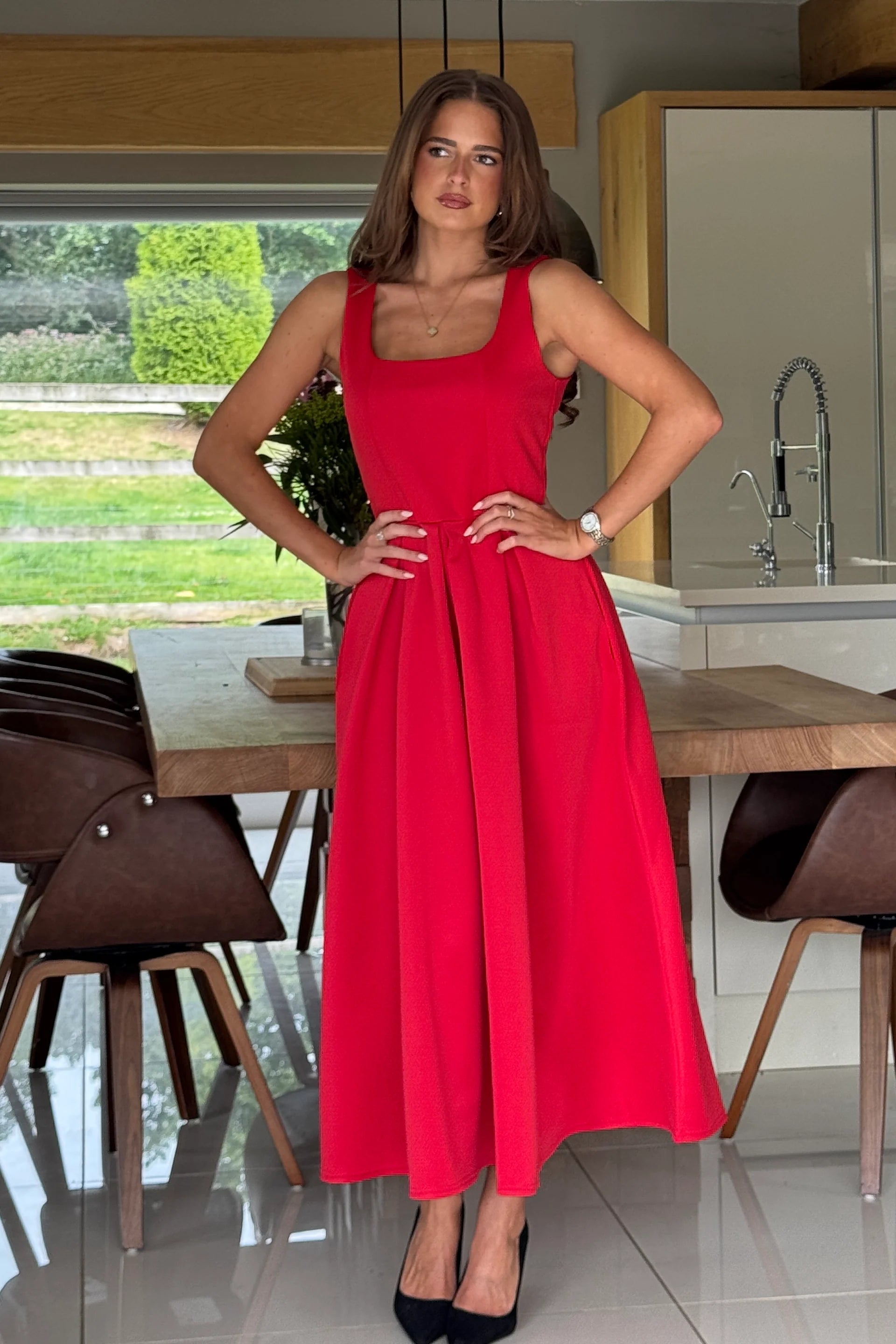 Erica Square Neck Pleated Midi Dress (Red)