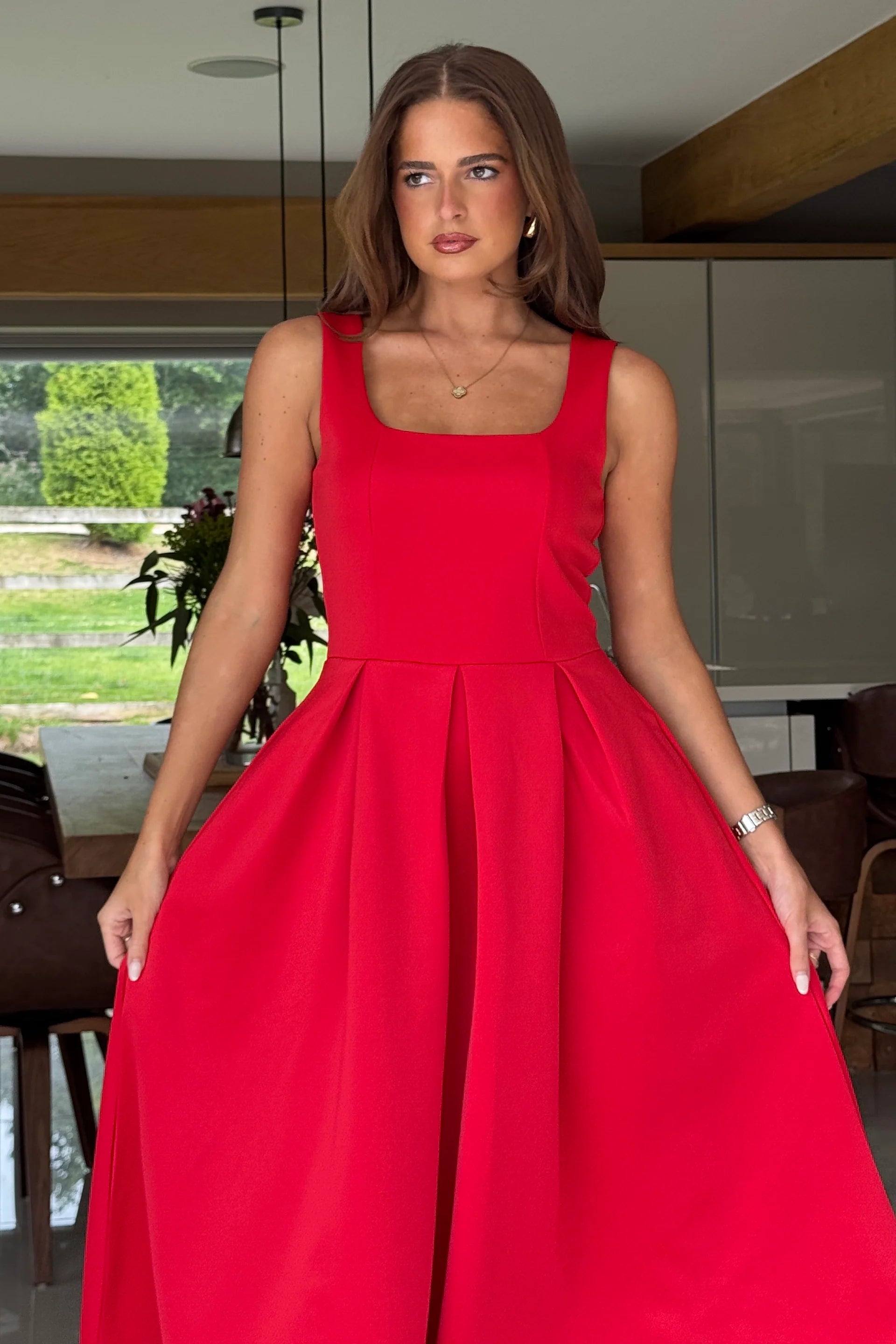 Erica Square Neck Pleated Midi Dress (Red)