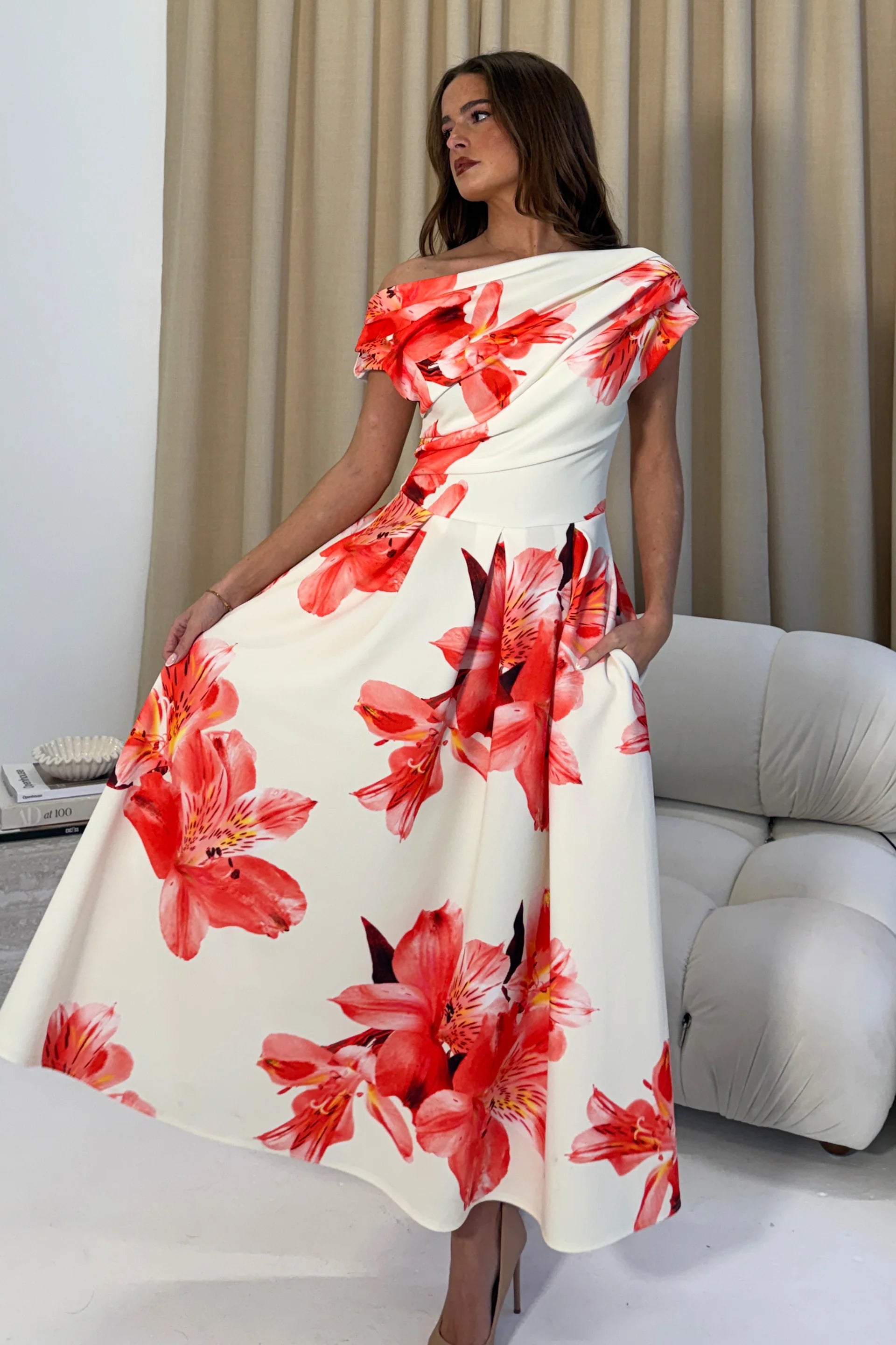 Betty Asymmetric Midi Dress (Floral Print)