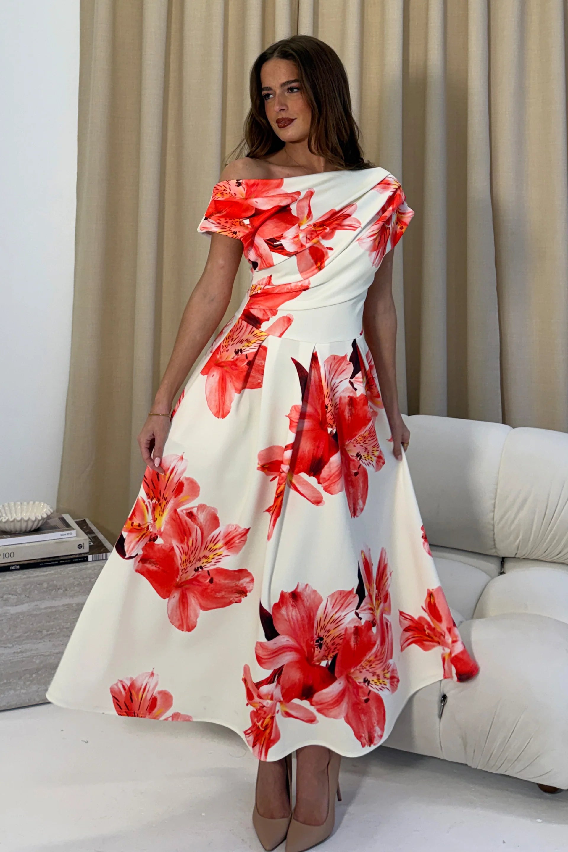 Betty Asymmetric Midi Dress (Floral Print)