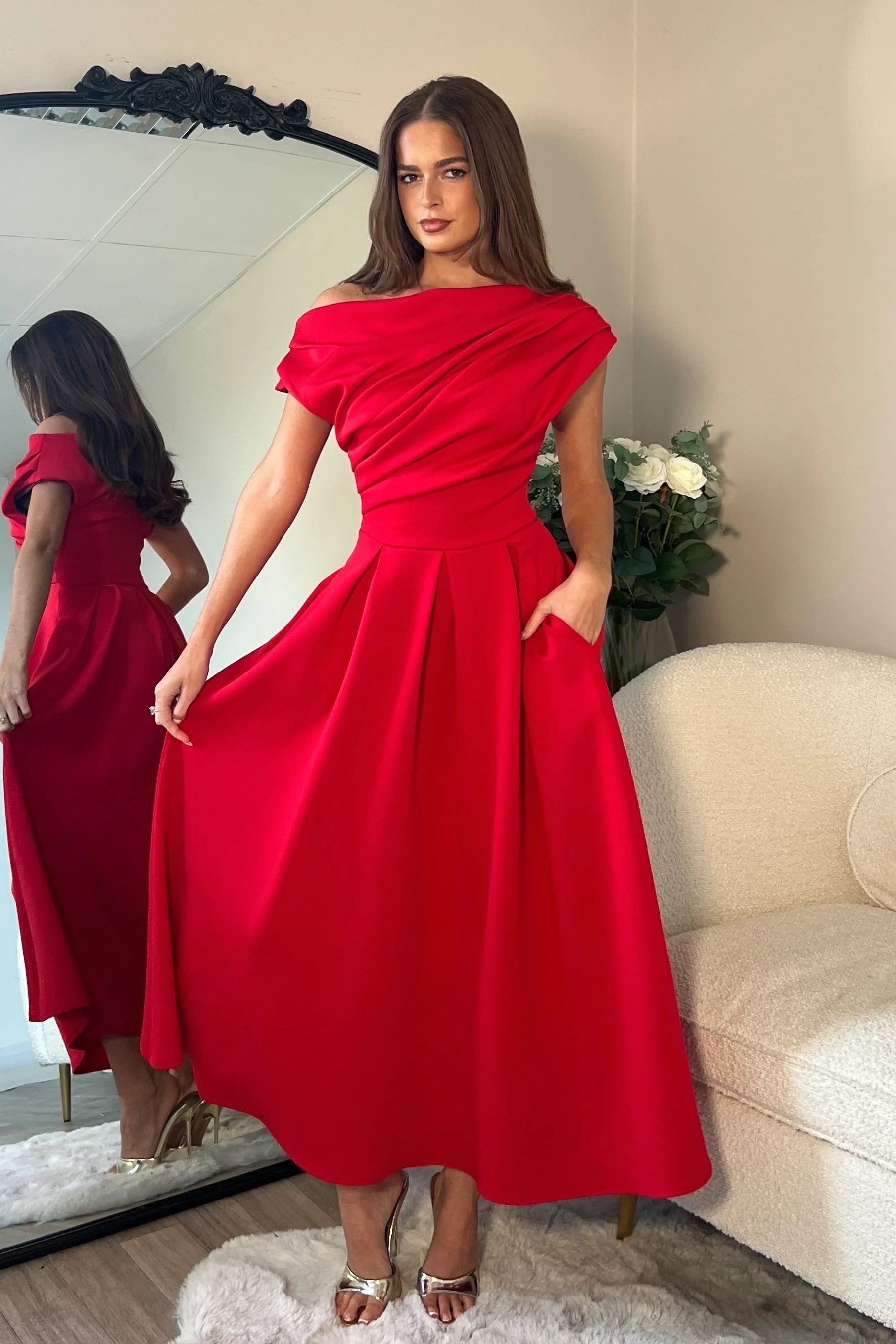 Betty Asymmetric Midi Dress (Red)