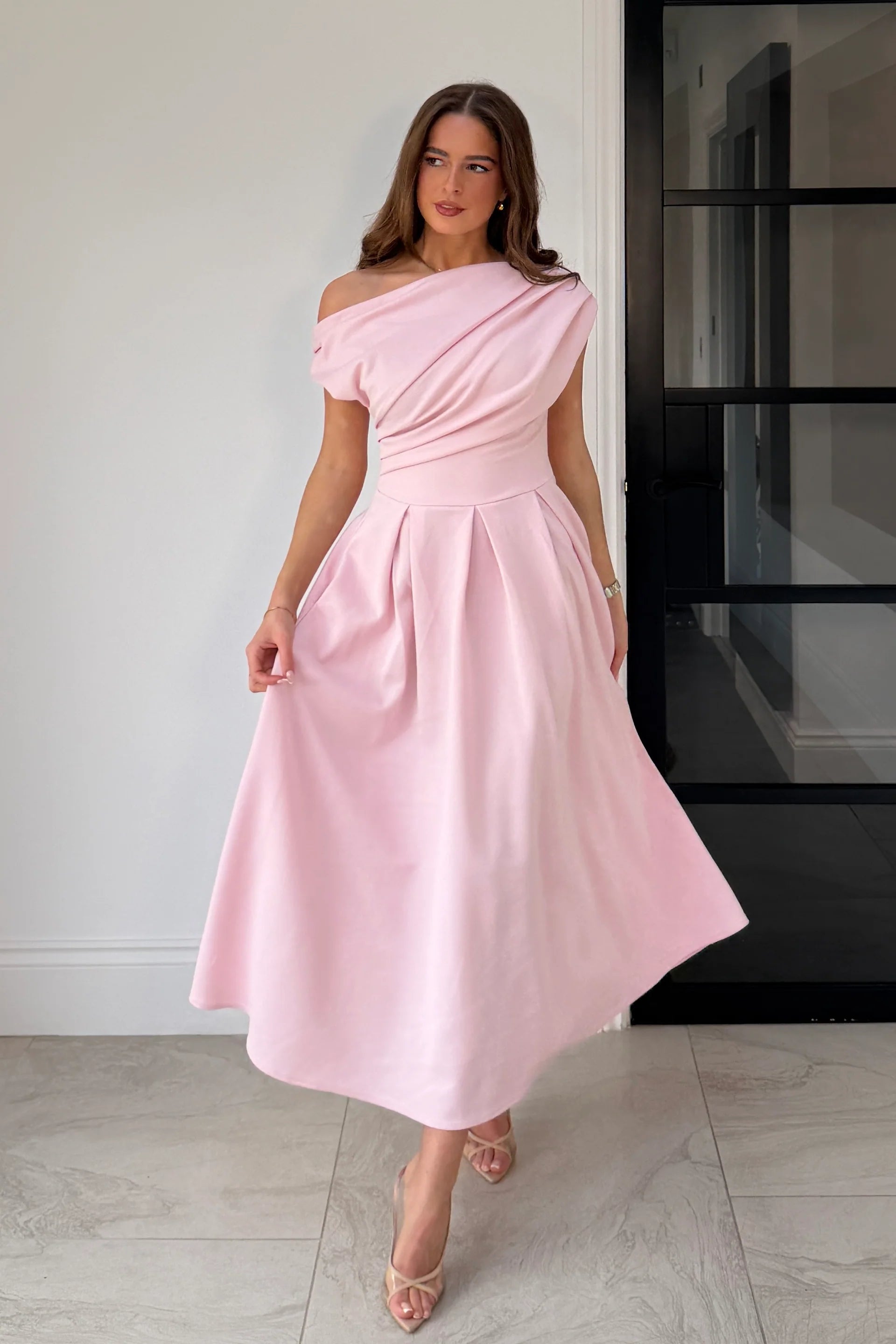 Betty Asymmetric Midi Dress (Pink)