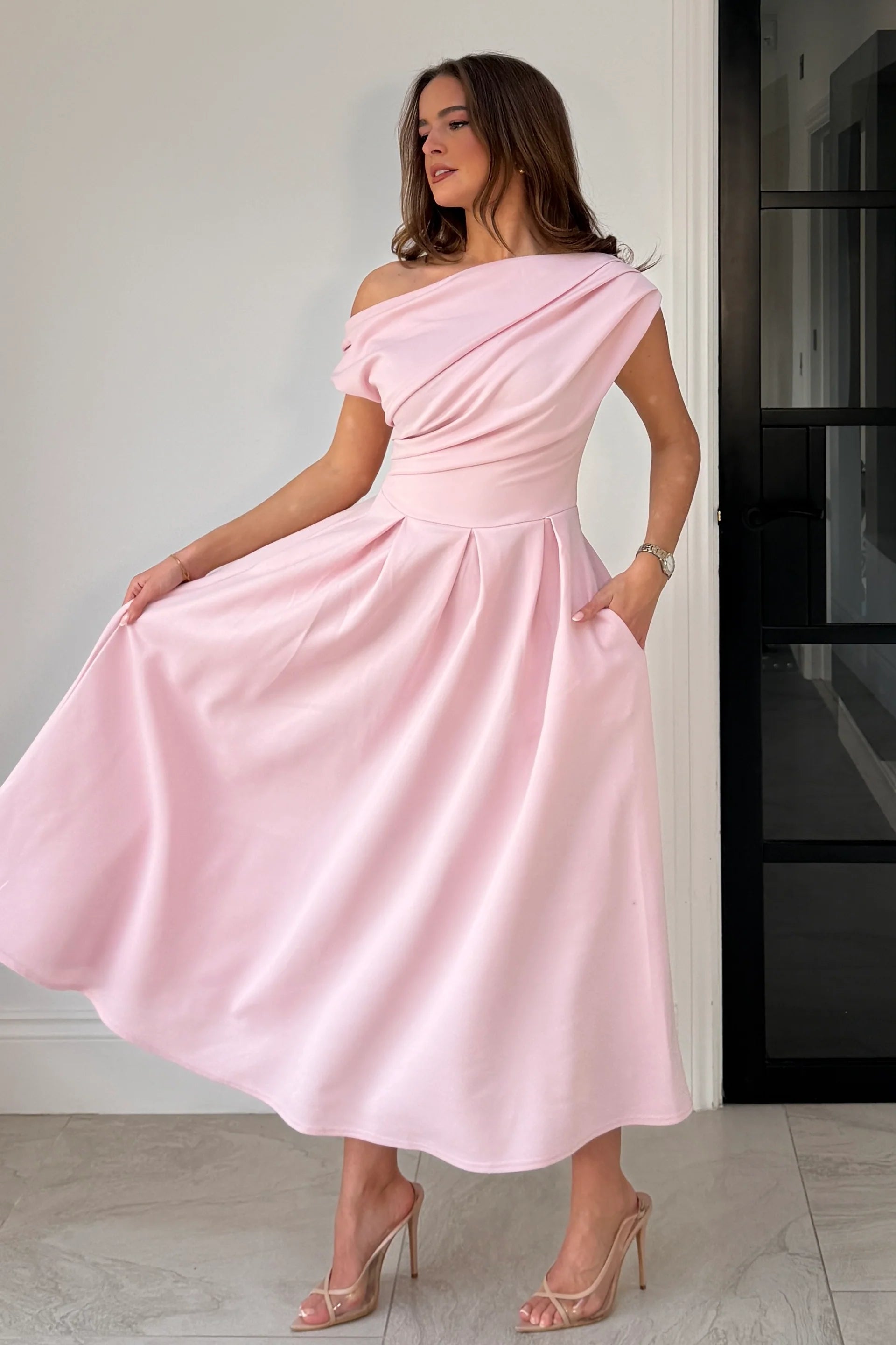 Betty Asymmetric Midi Dress (Pink)