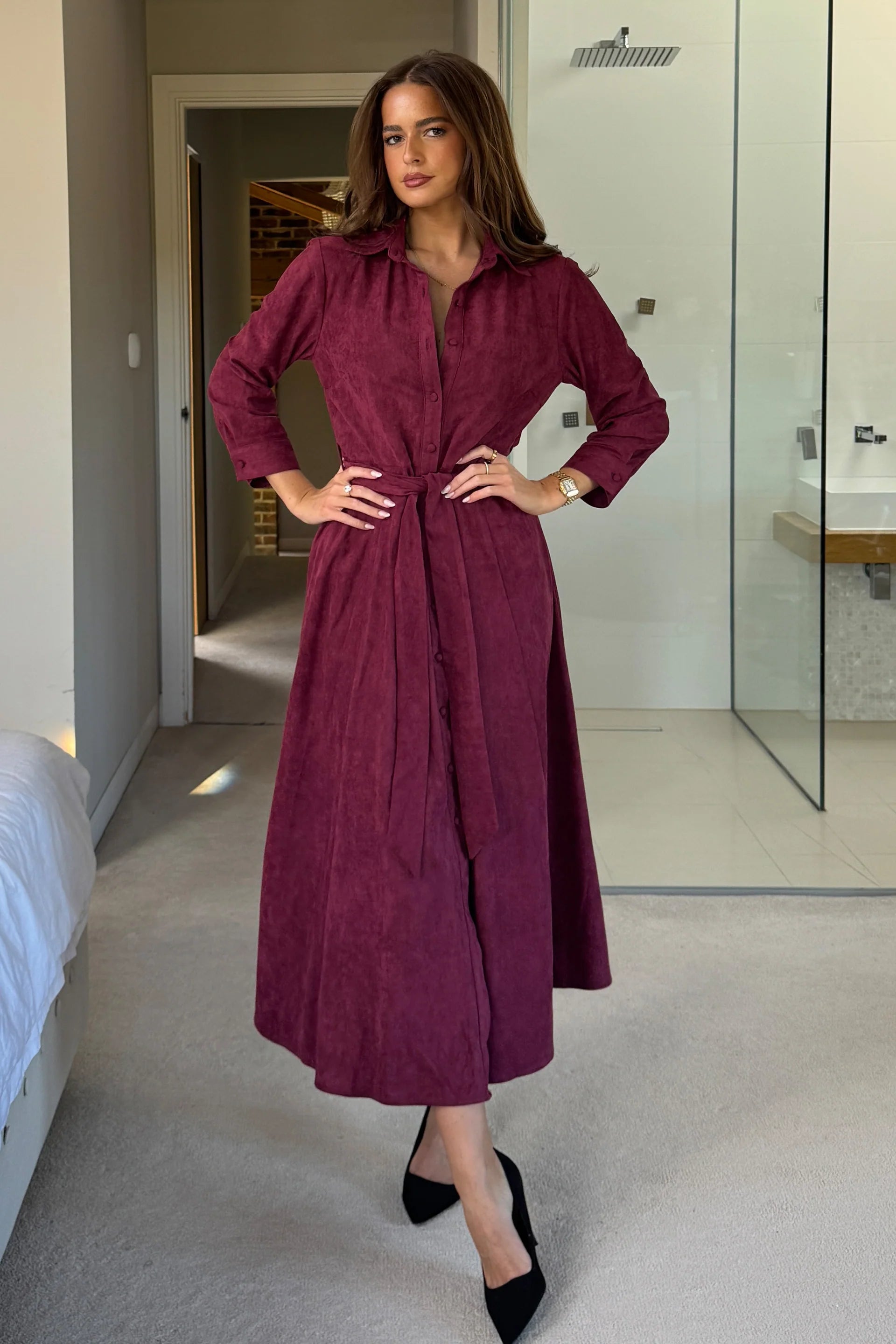 Angela Long Sleeve Maxi Shirt Dress (Berry Suedette)