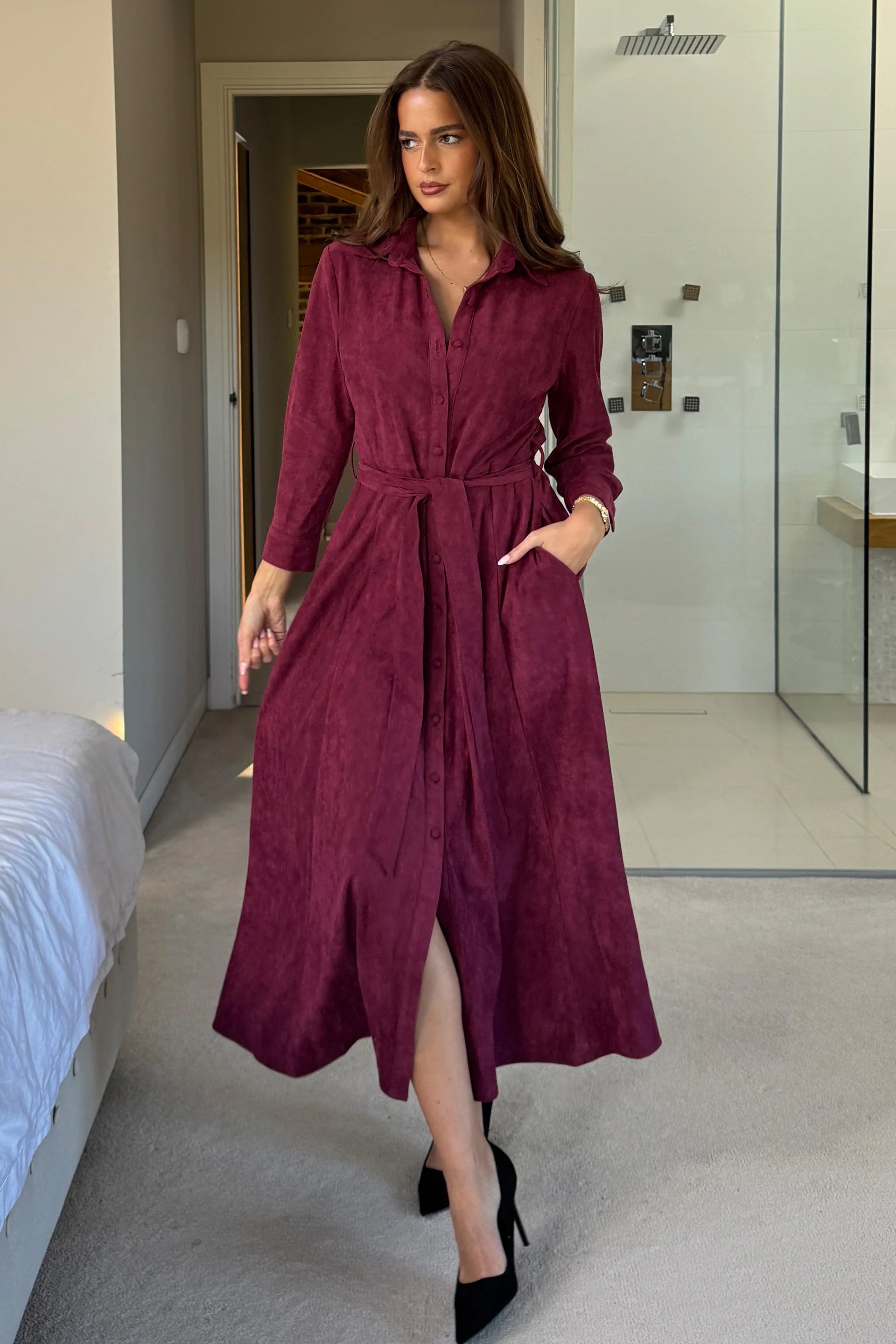 Angela Long Sleeve Maxi Shirt Dress (Berry Suedette)