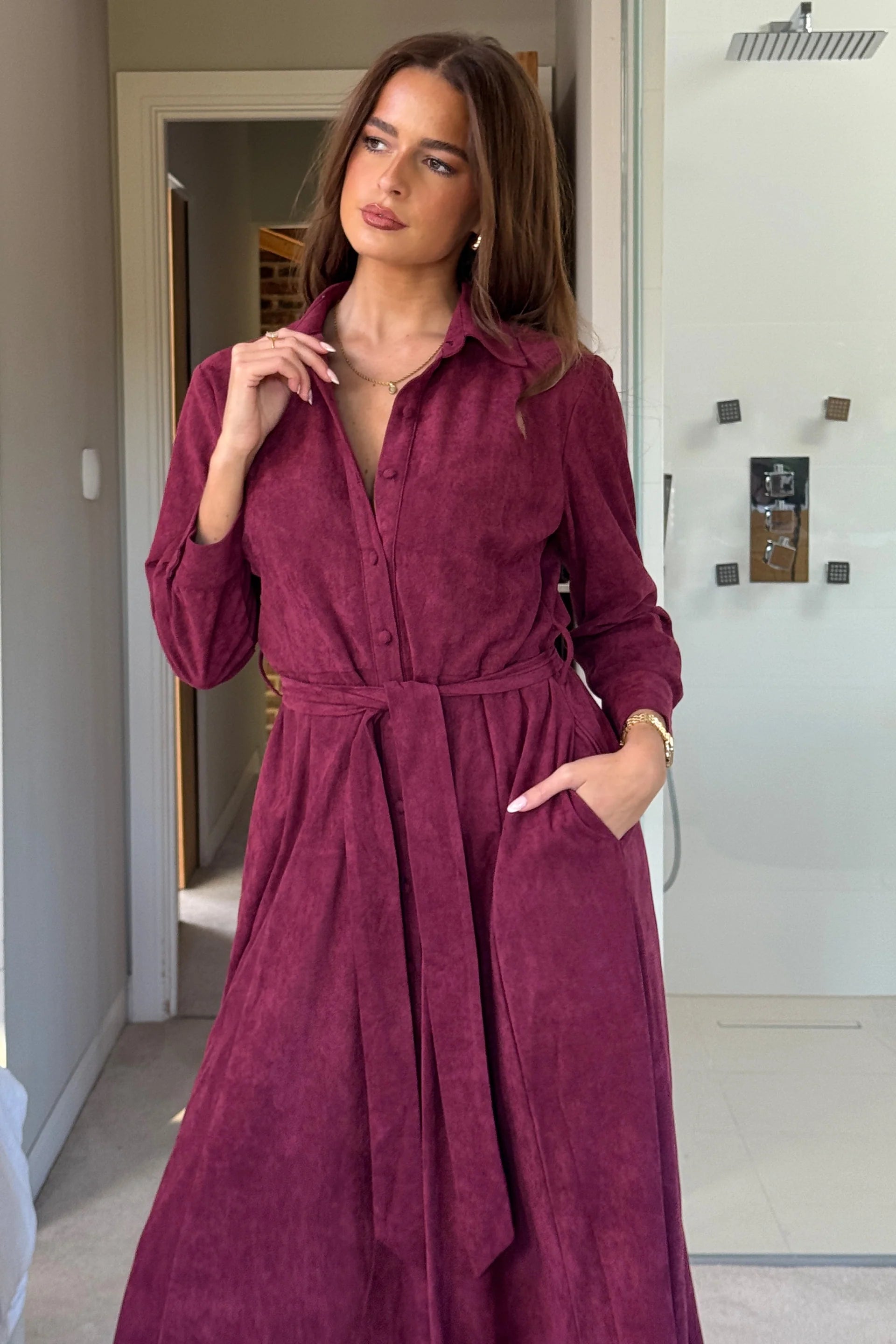 Angela Long Sleeve Maxi Shirt Dress (Berry Suedette)