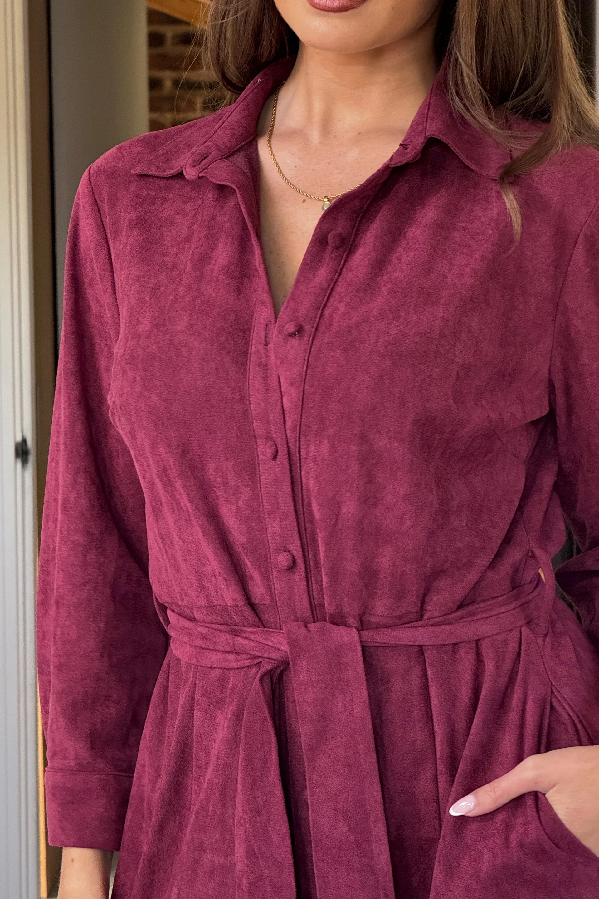 Angela Long Sleeve Maxi Shirt Dress (Berry Suedette)
