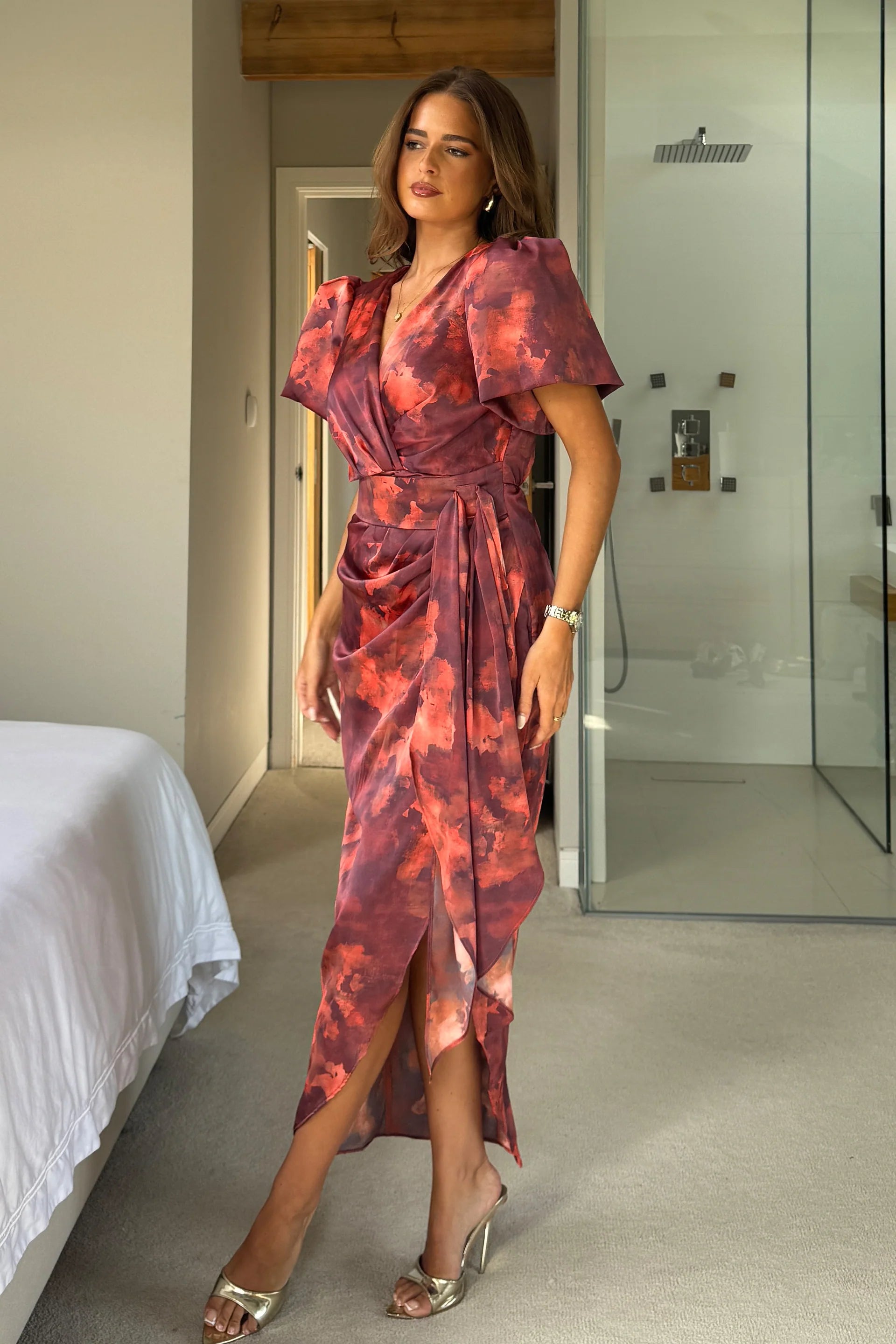 Drew Puff Sleeve Faux Wrap Midi Dress (Orange Marble)