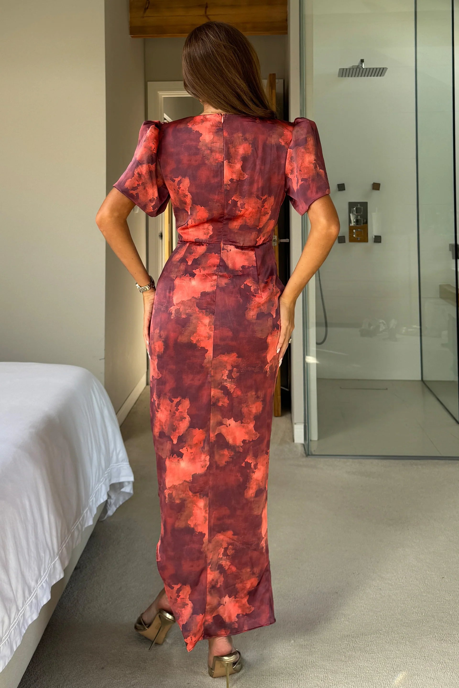 Drew Puff Sleeve Faux Wrap Midi Dress (Orange Marble)