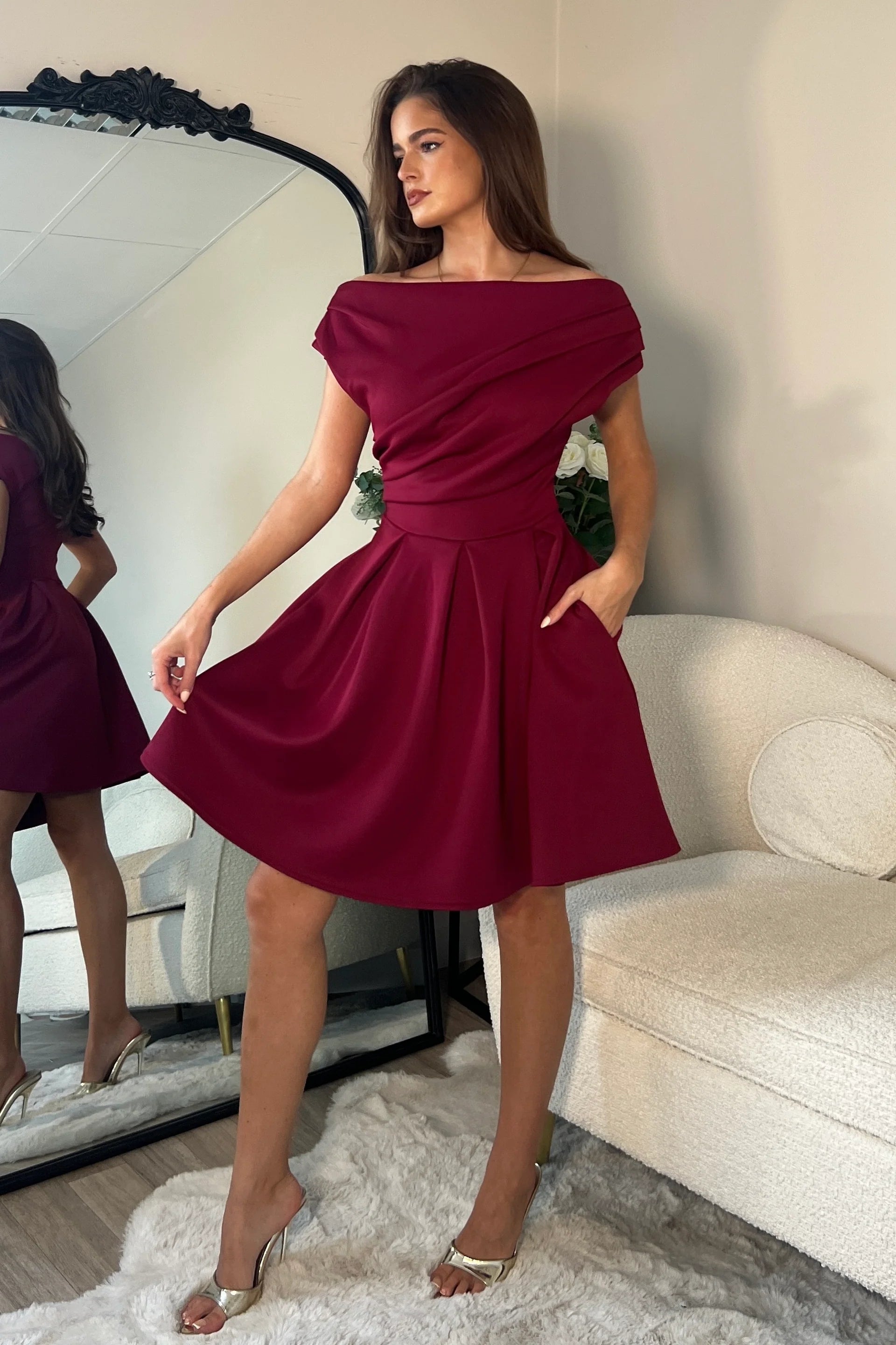 Betty Asymmetric Mini Skater Dress (Berry)