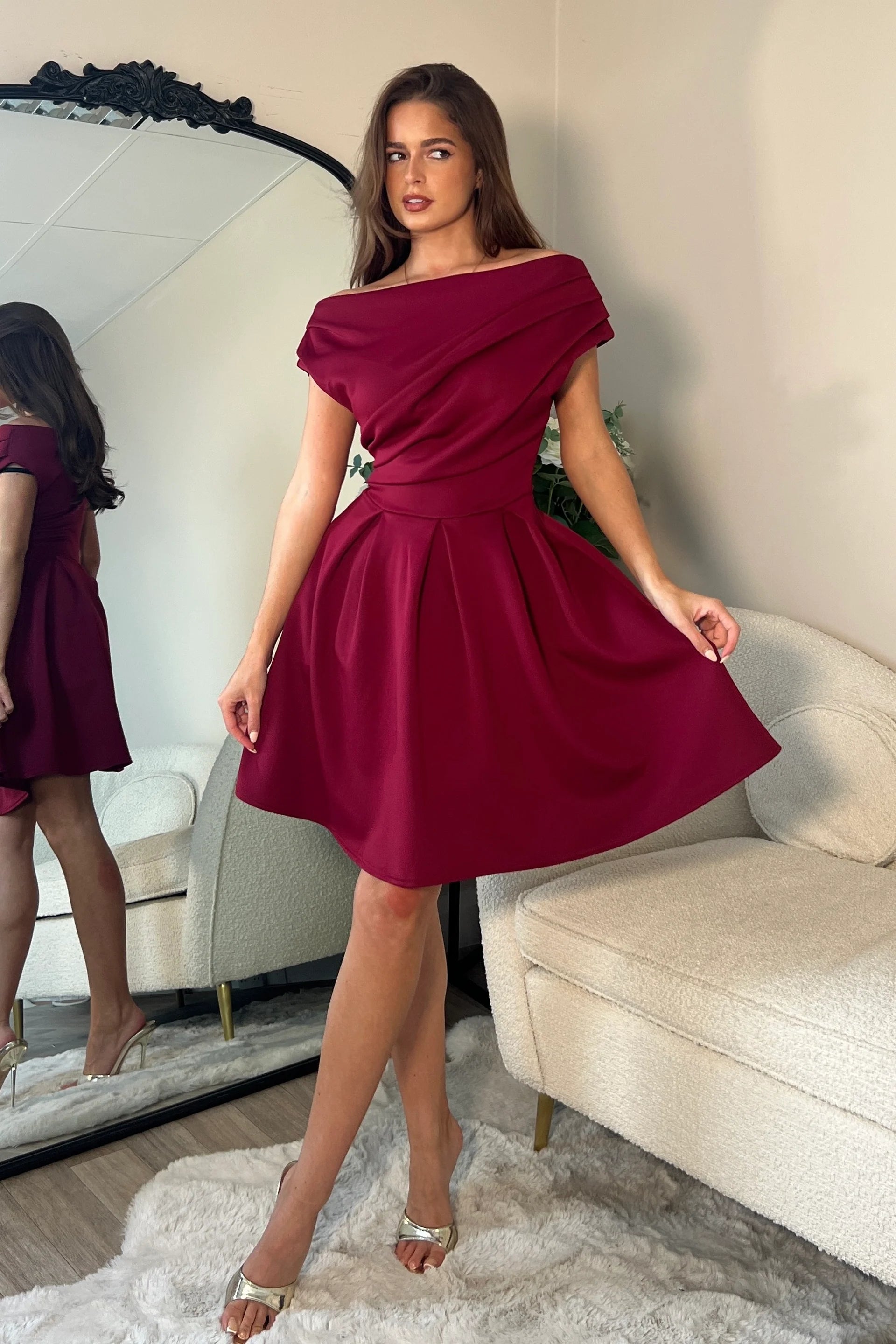 Betty Asymmetric Mini Skater Dress (Berry)