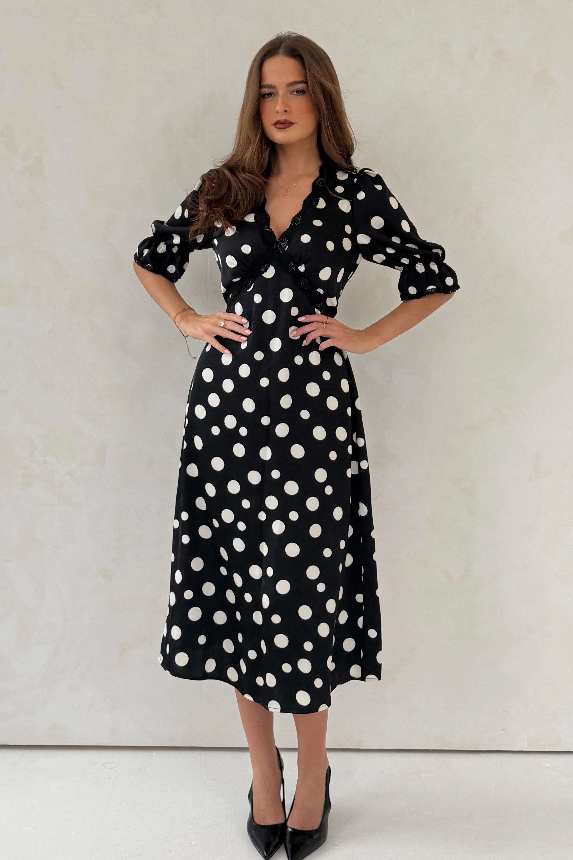 Sharon V-Neck Puff Sleeve Midi Dress (Black Polka) | Love Cherish | Dress