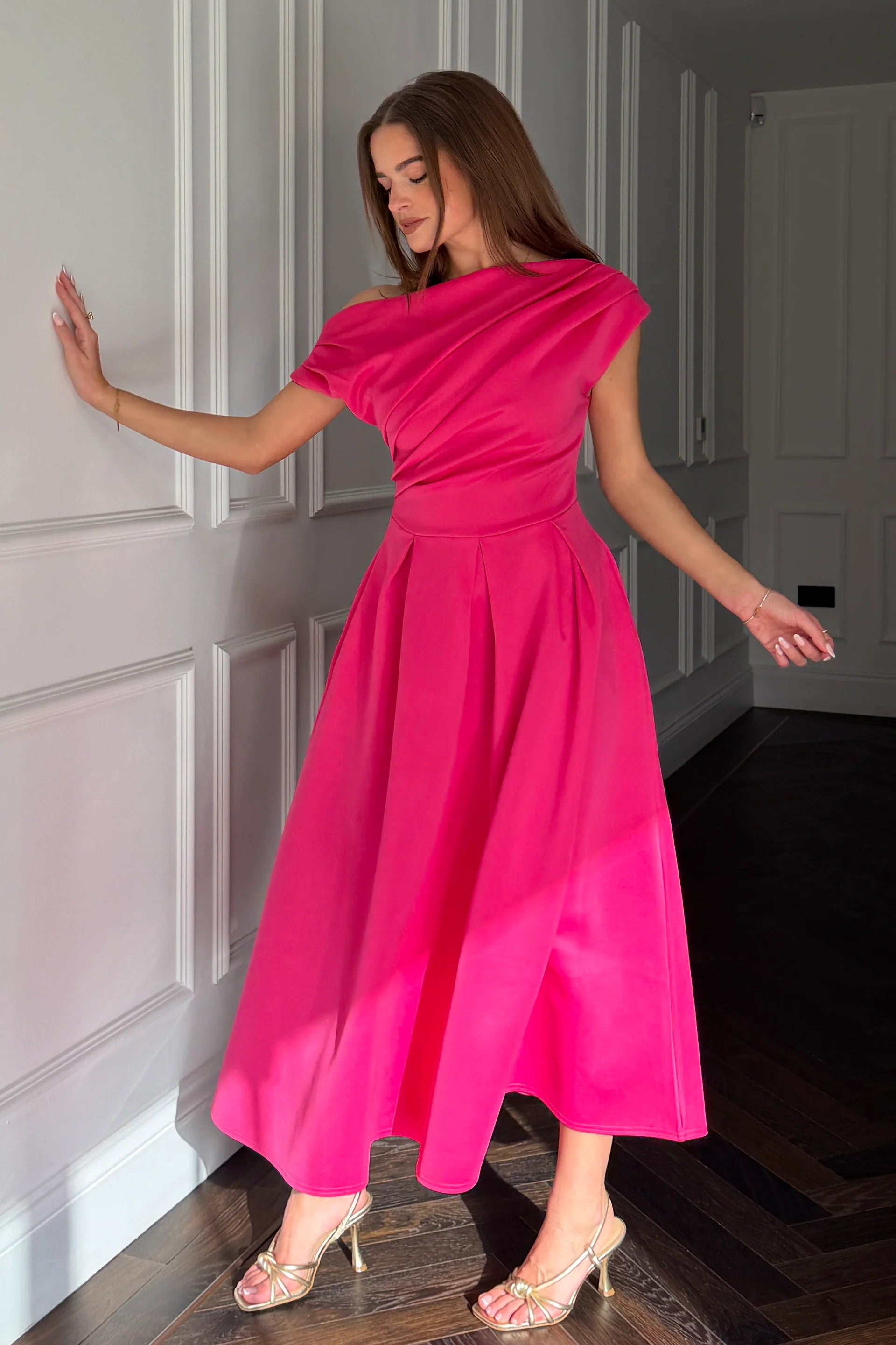 Betty Asymmetric Midi Dress (Hot Pink)
