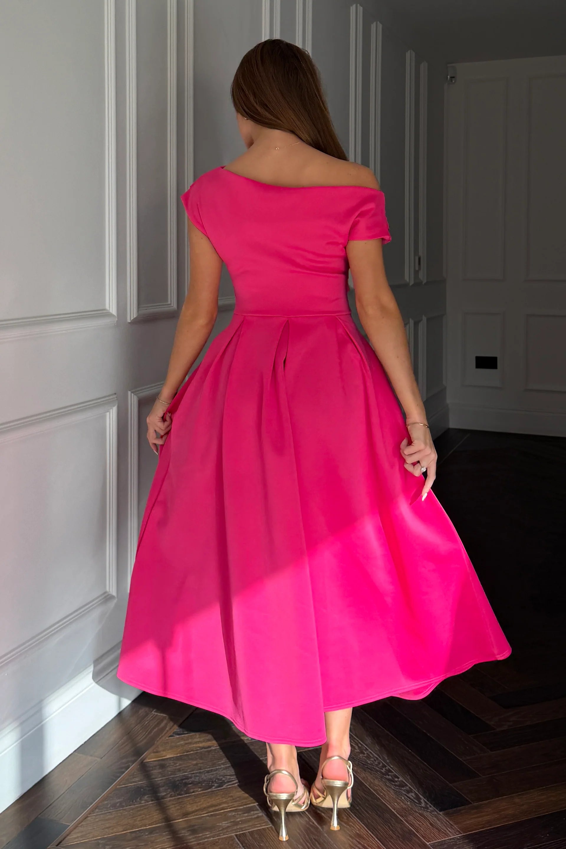 Betty Asymmetric Midi Dress (Hot Pink)