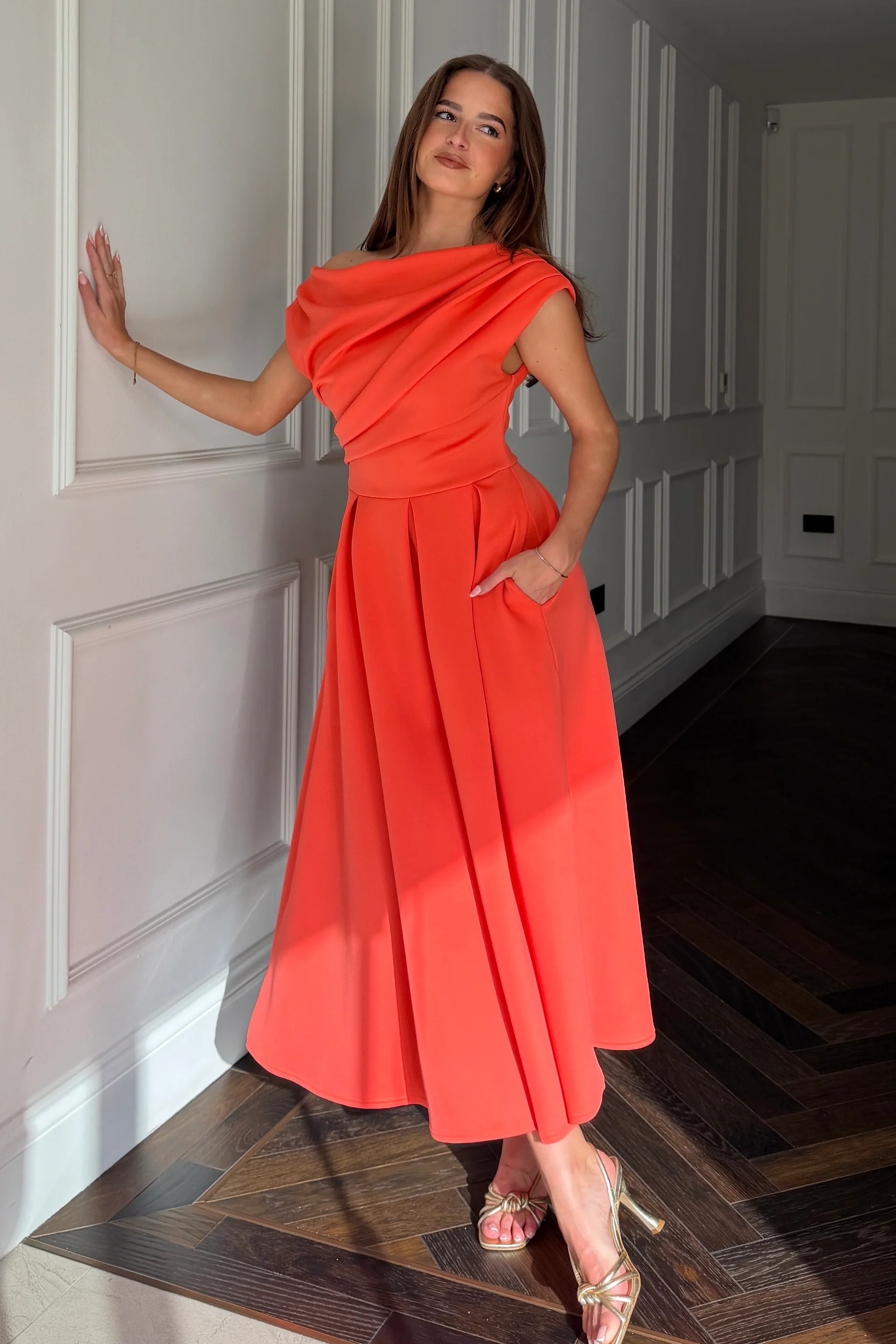 Betty Asymmetric Midi Dress (Coral)