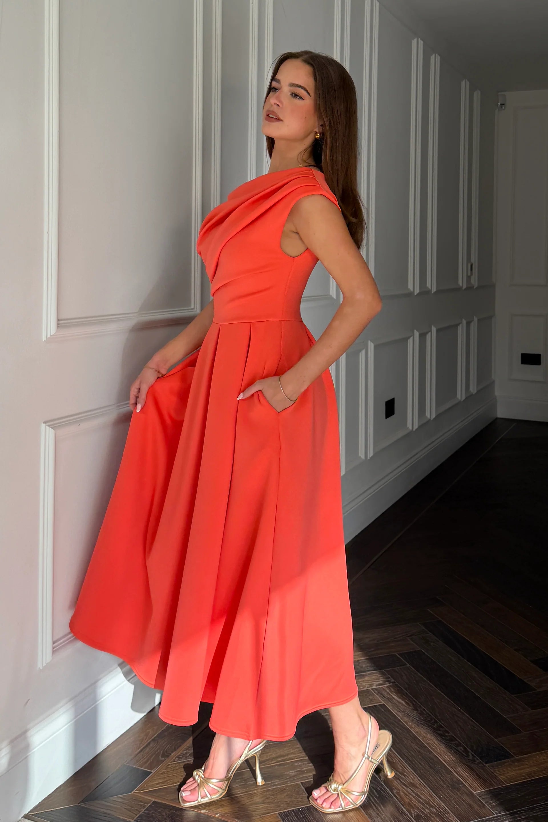 Betty Asymmetric Midi Dress (Coral)