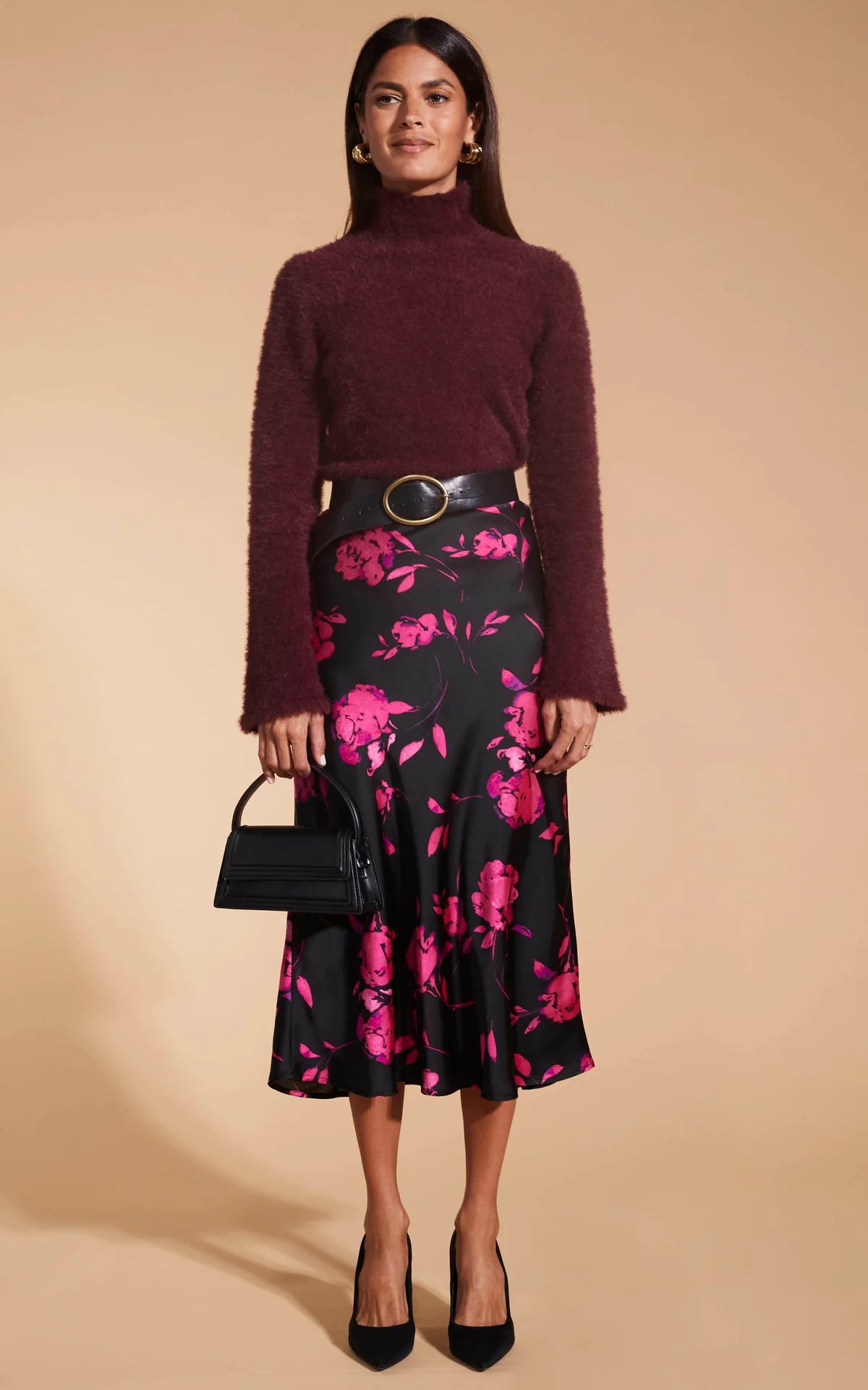LOTUS SKIRT (PINK ON BLACK FLORAL)