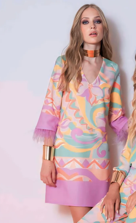 Sameto Feather Trim Dress (Multi)