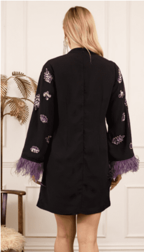 The Christy Embellished Mini Dress with Feather Trim (Black/Purple)