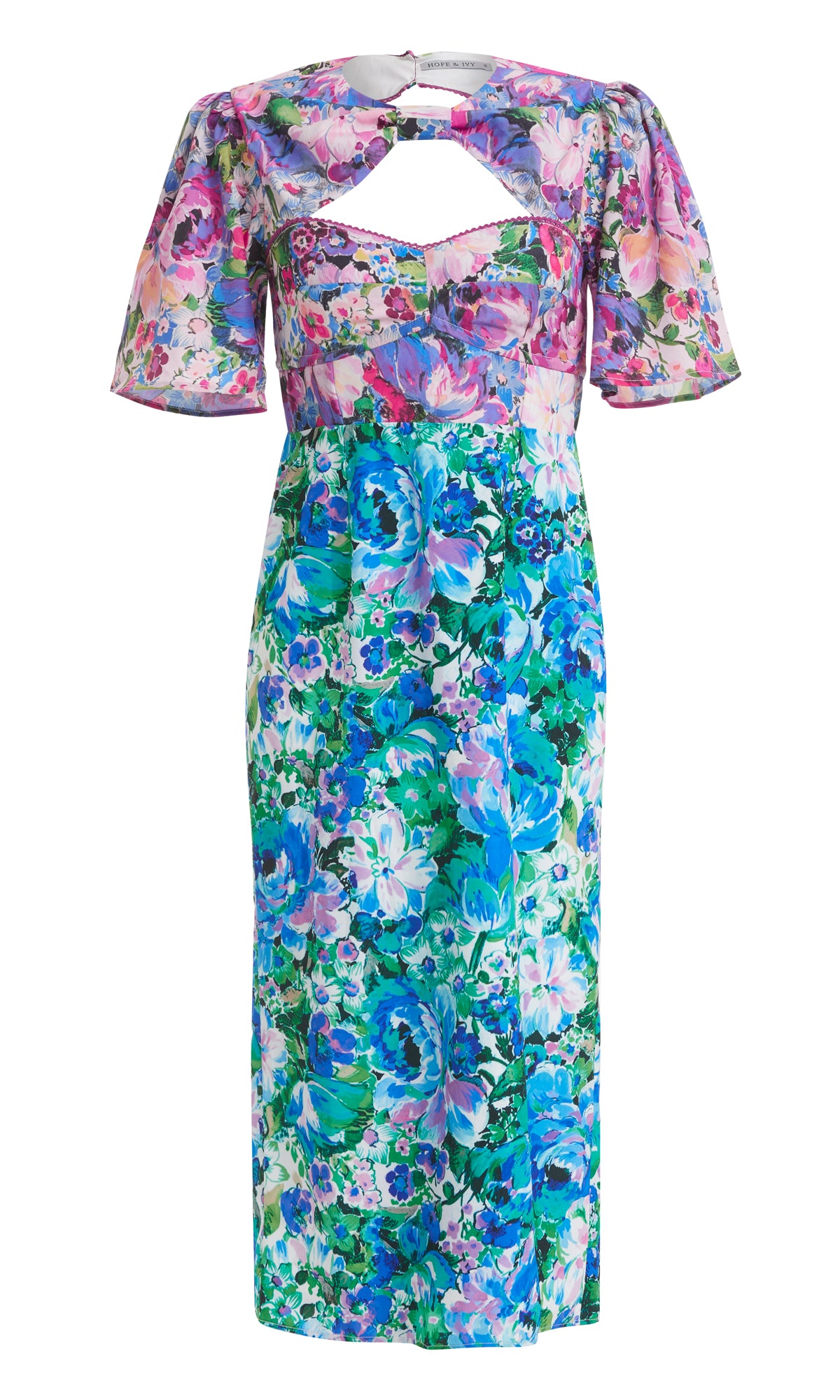 THE KITTY CONTRAST PRINT FLUTTER SLEEVE MIDI DRESS (MIX PRINT)