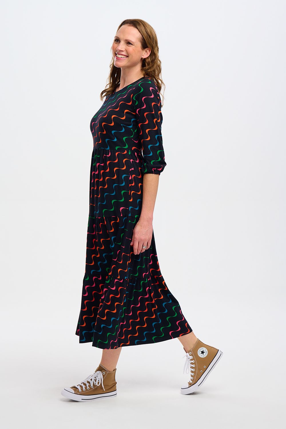 BAKARI JERSEY TIERED MIDI DRESS (BLACK/UNDULATING WAVES) | Love Cherish | Dress BAKARI JERSEY TIERED MIDI DRESS (BLACK/UNDULATING WAVES) | Love Cherish | Dress