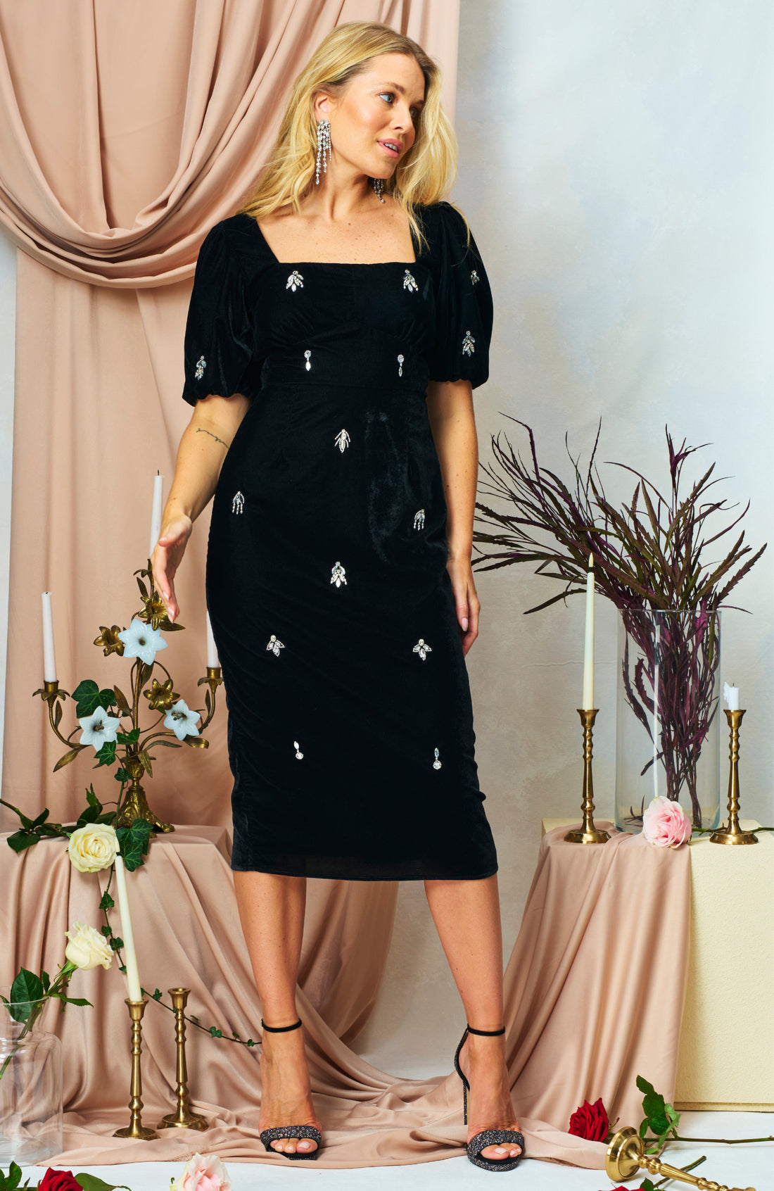 The Bettina Velvet Midi Pencil Dress (Black)