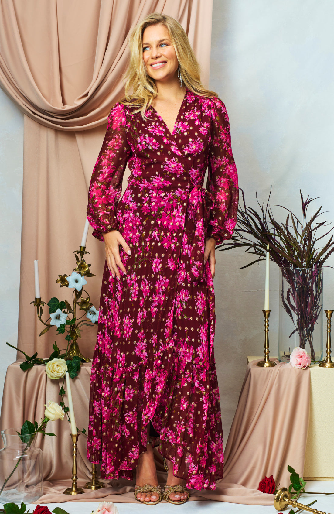 The Blossom Blouson Sleeve Maxi Wrap Dress (Burgundy)