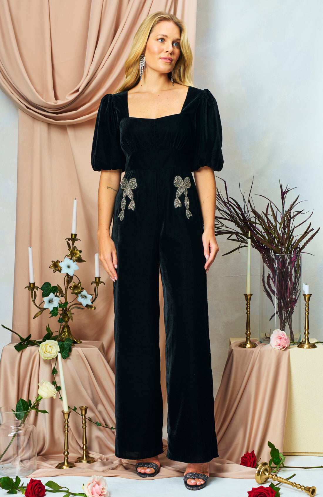 The Chelsea Puff Sleeve Velvet Jumpsuit (Black)