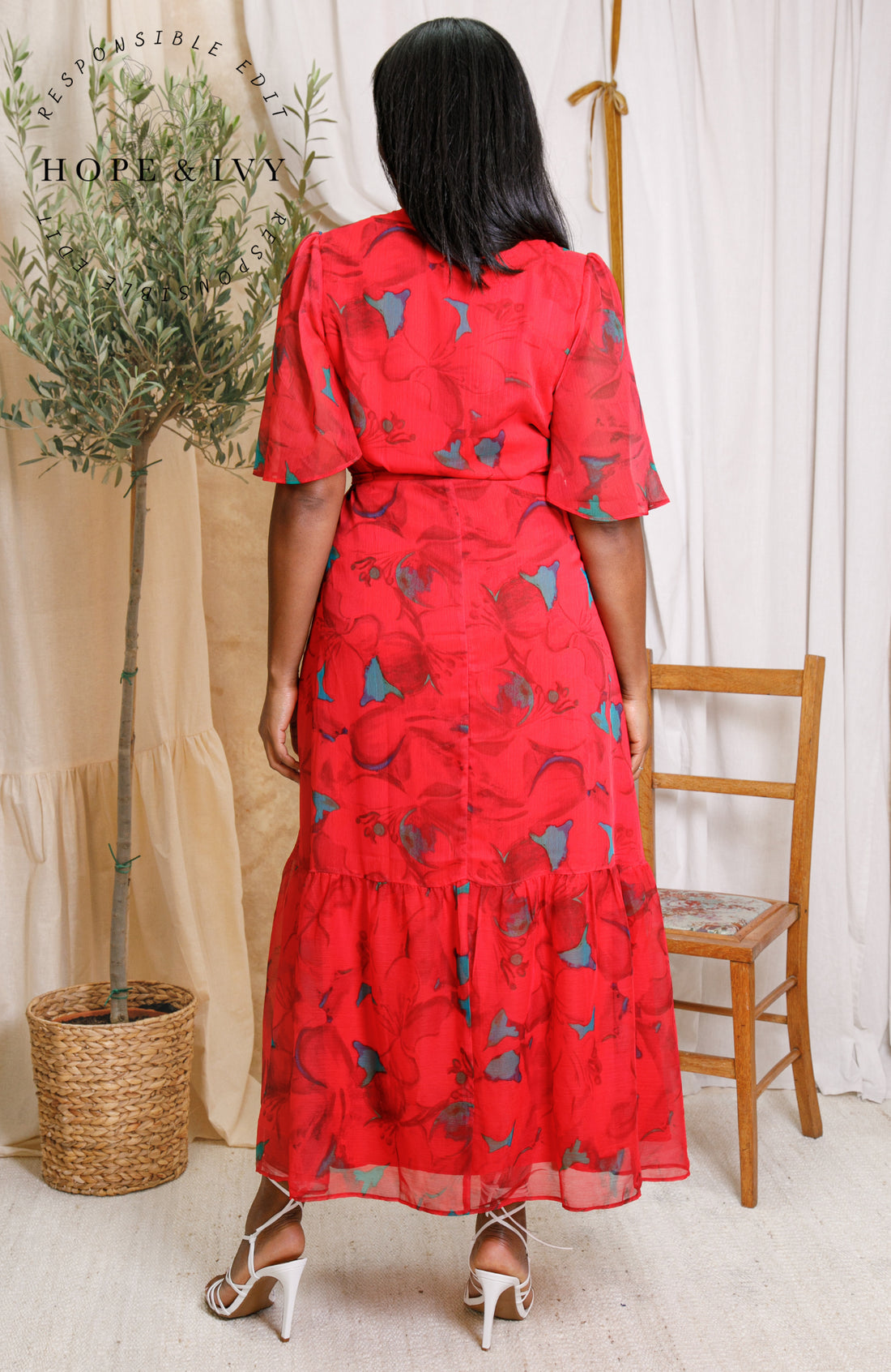 The Delia Flutter Sleeve Maxi Dress (Red)