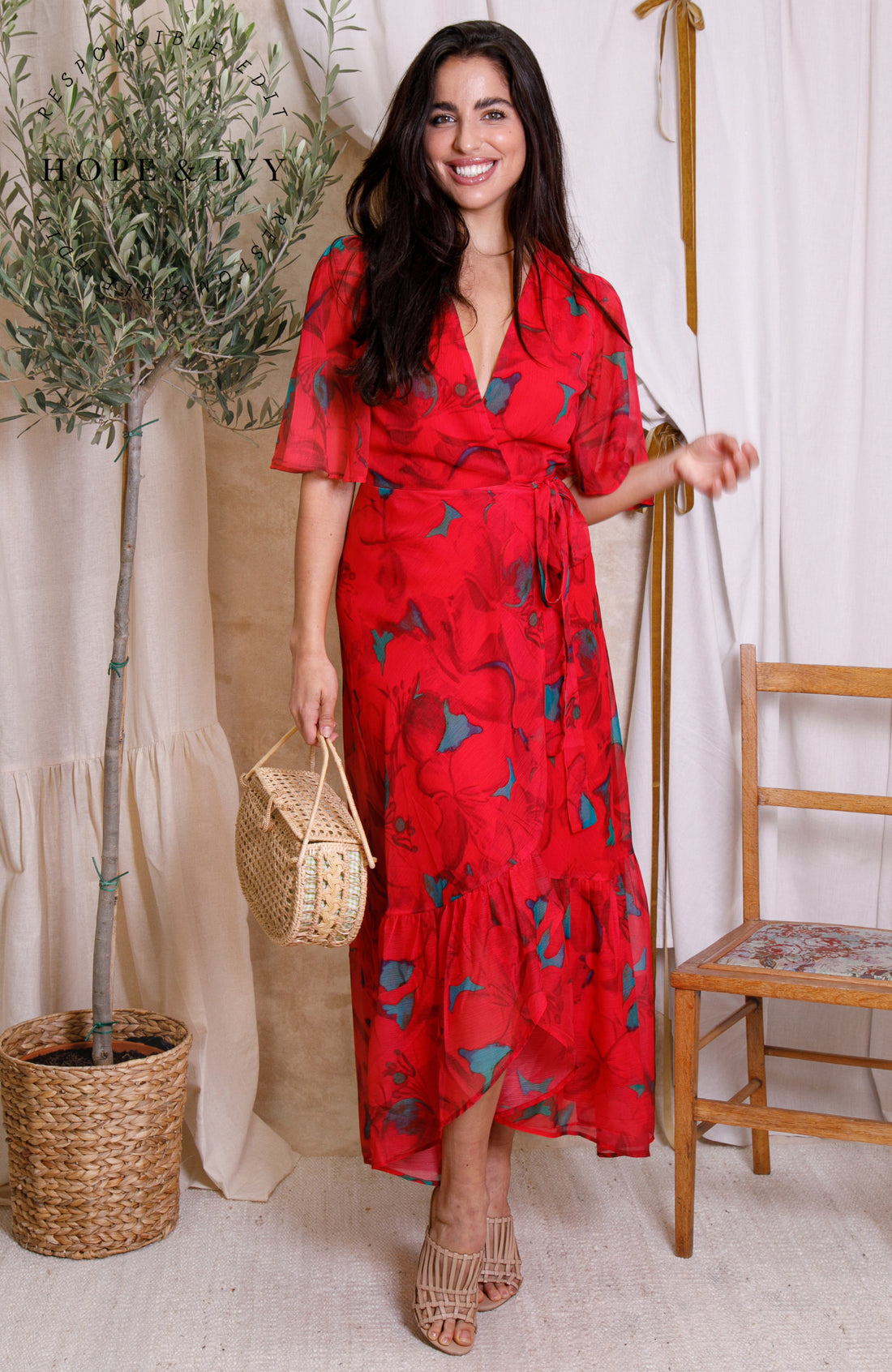 The Delia Flutter Sleeve Maxi Dress (Red)