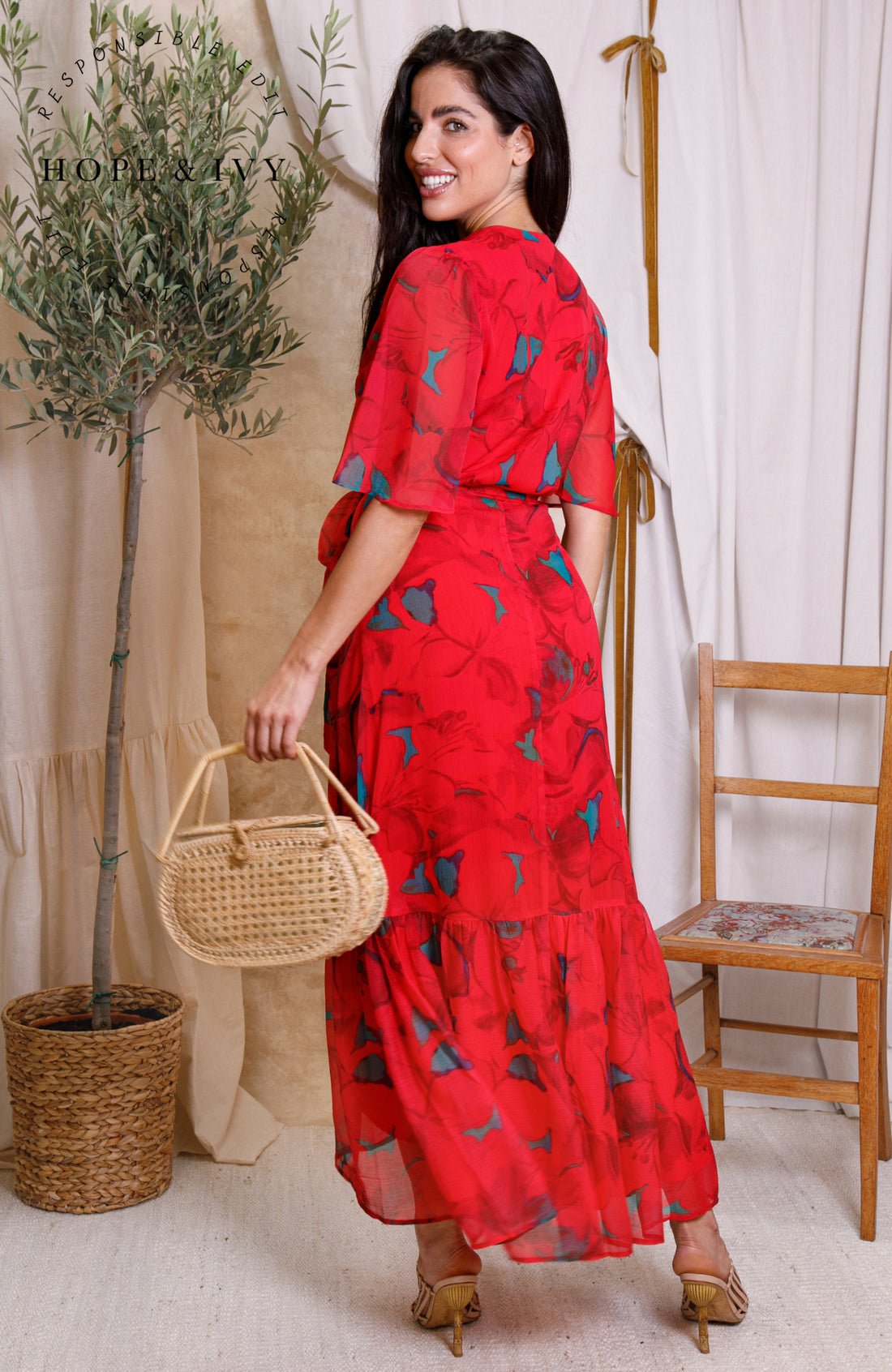 The Delia Flutter Sleeve Maxi Dress (Red)