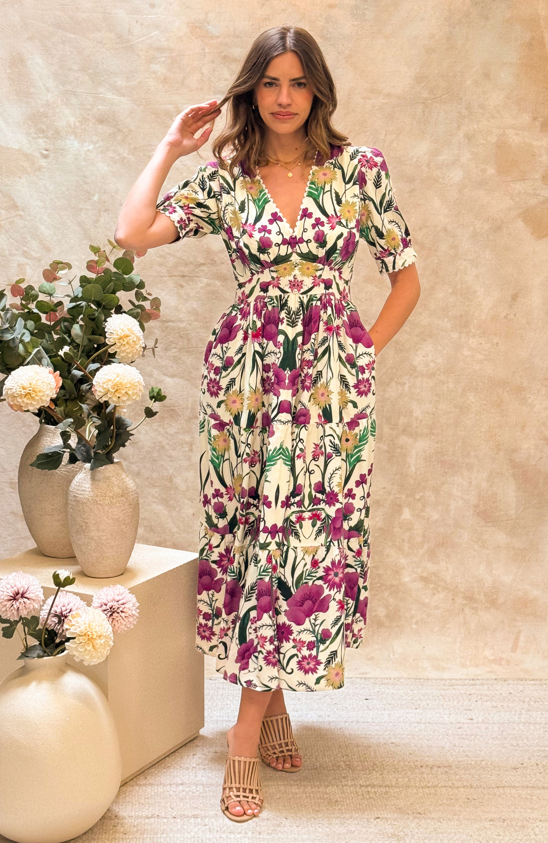 The Emily V-Neck Full Skirt Tea Dress (Mauve)