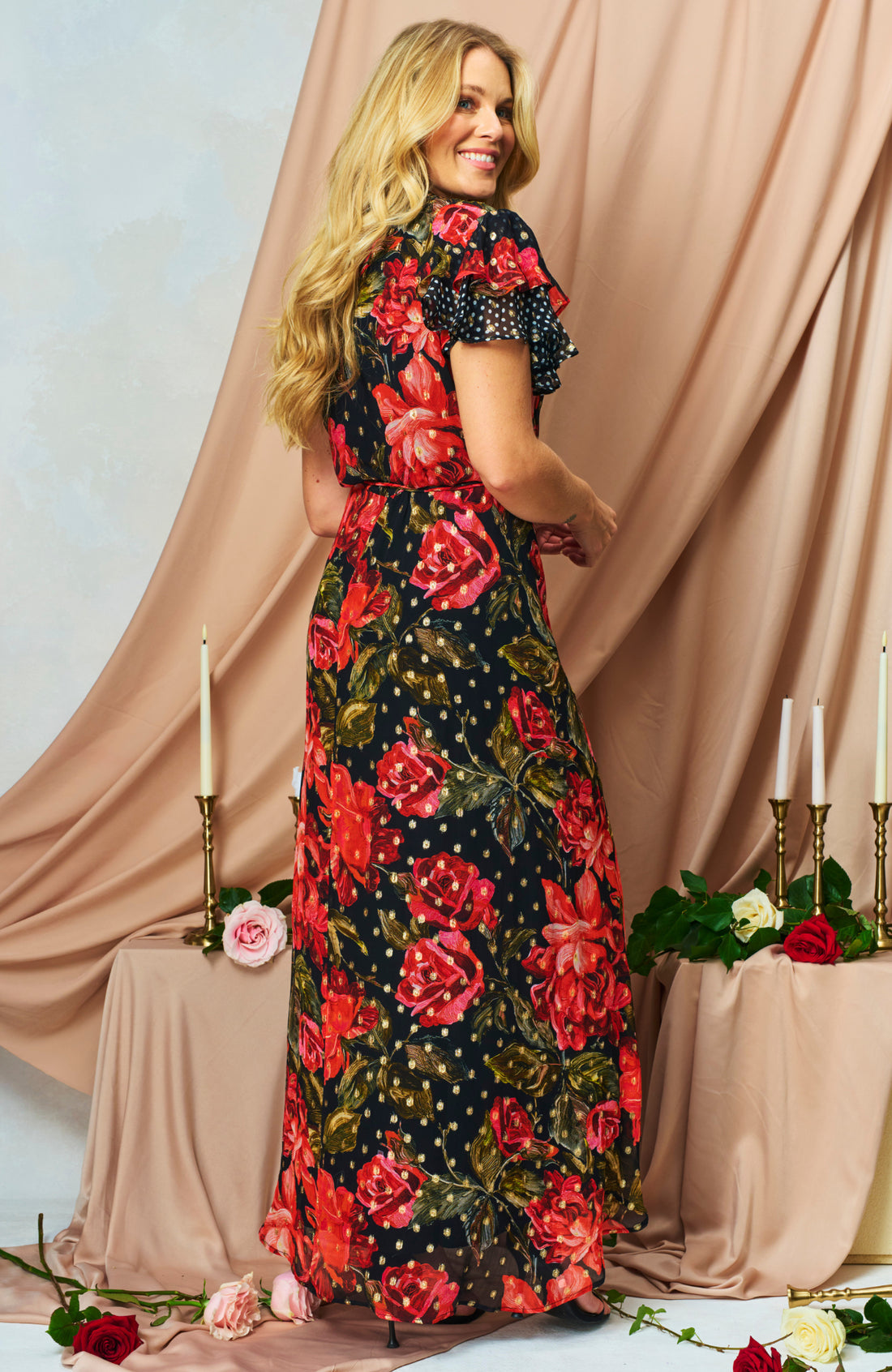 Ffion Frill Sleeve Wrap Dress (Black/Red)