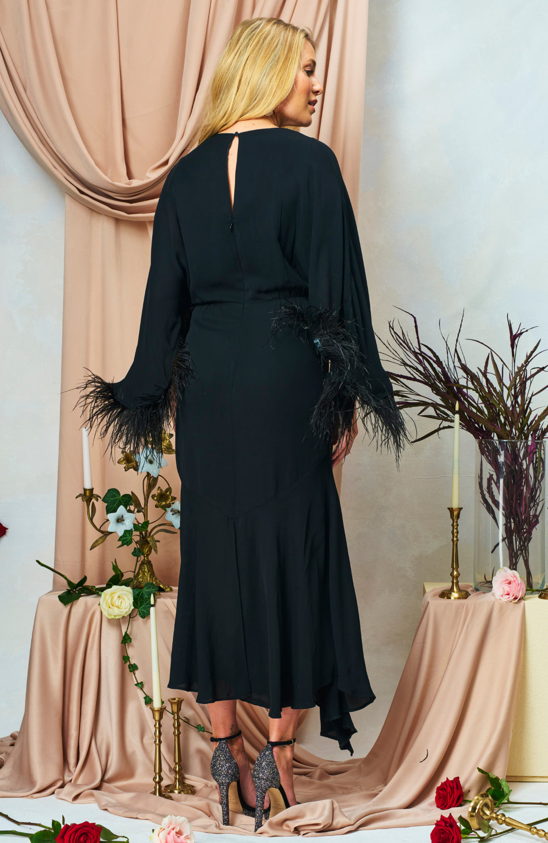 The Helena Feather Trim Midi Dress (Black)