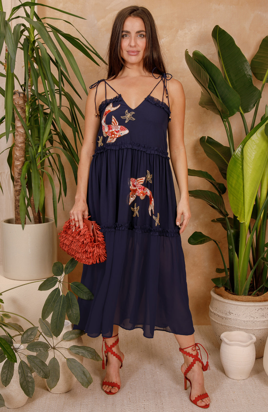 The Inaya Embellished Tie Strap Midi Dress (Navy)